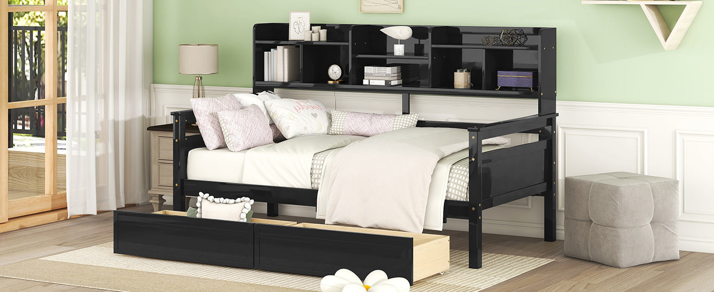 Twin Size Daybed, Wood Slat Support, With Bedside Shelves And Two Drawers, Espresso Espresso Solid Wood Mdf