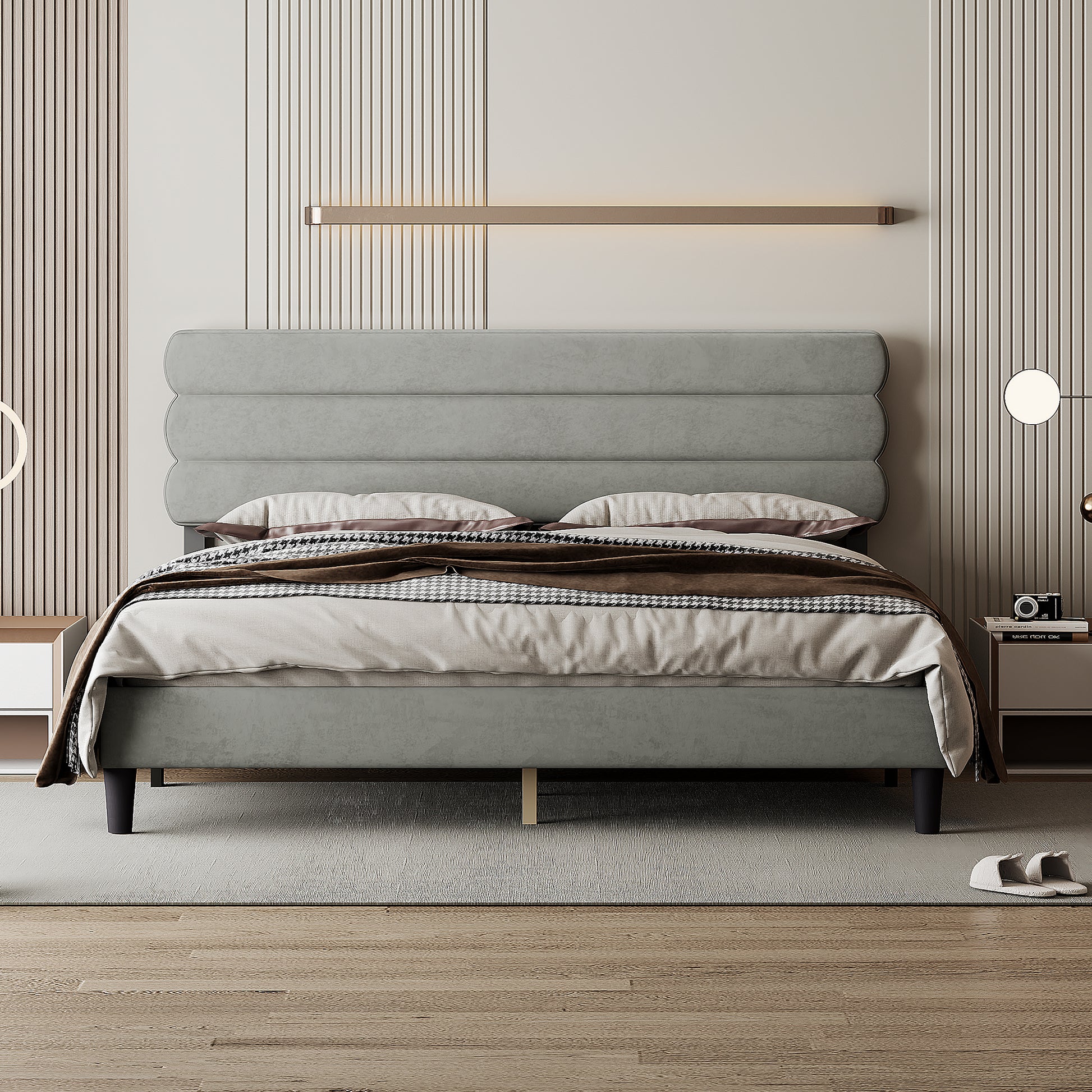 King Bed Frame With Headboard,Sturdy Platform Bed With Wooden Slats Support,No Box Spring,Mattress Foundation,Easy Assembly Light Grey Wood