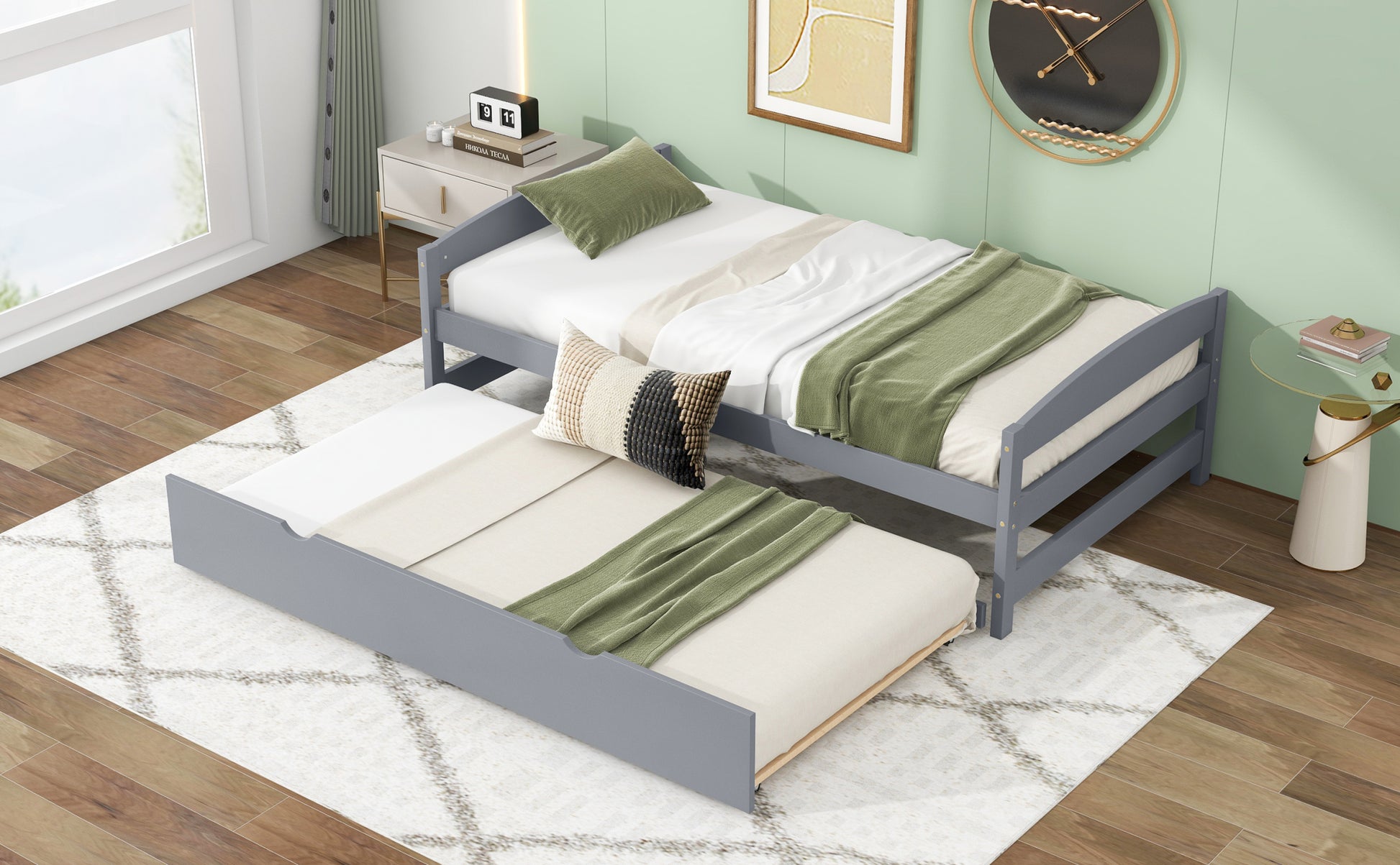 Twin Size Platform Bed With Twin Size Trundle, Gray Box Spring Not Required Twin Gray Wood Bedroom Pine