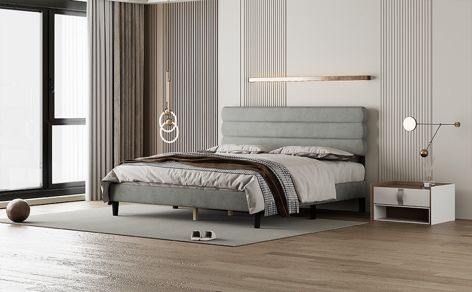 King Bed Frame With Headboard,Sturdy Platform Bed With Wooden Slats Support,No Box Spring,Mattress Foundation,Easy Assembly Light Grey Wood