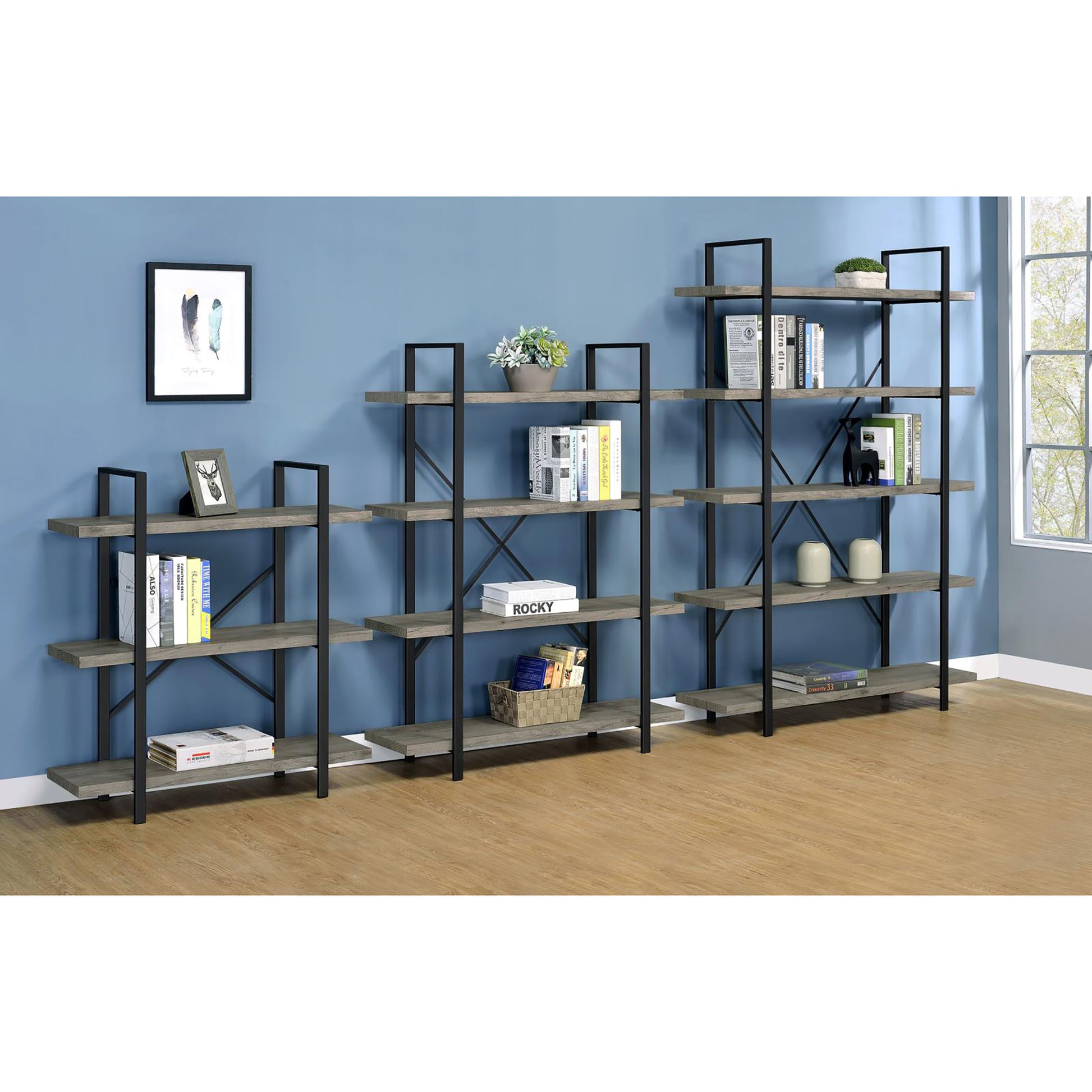 Grey Driftwood And Gunmetal 3 Tier Bookcase 3 Grey Gray Standard Vertical Office Open Back Wood Farmhouse,Rustic Wood