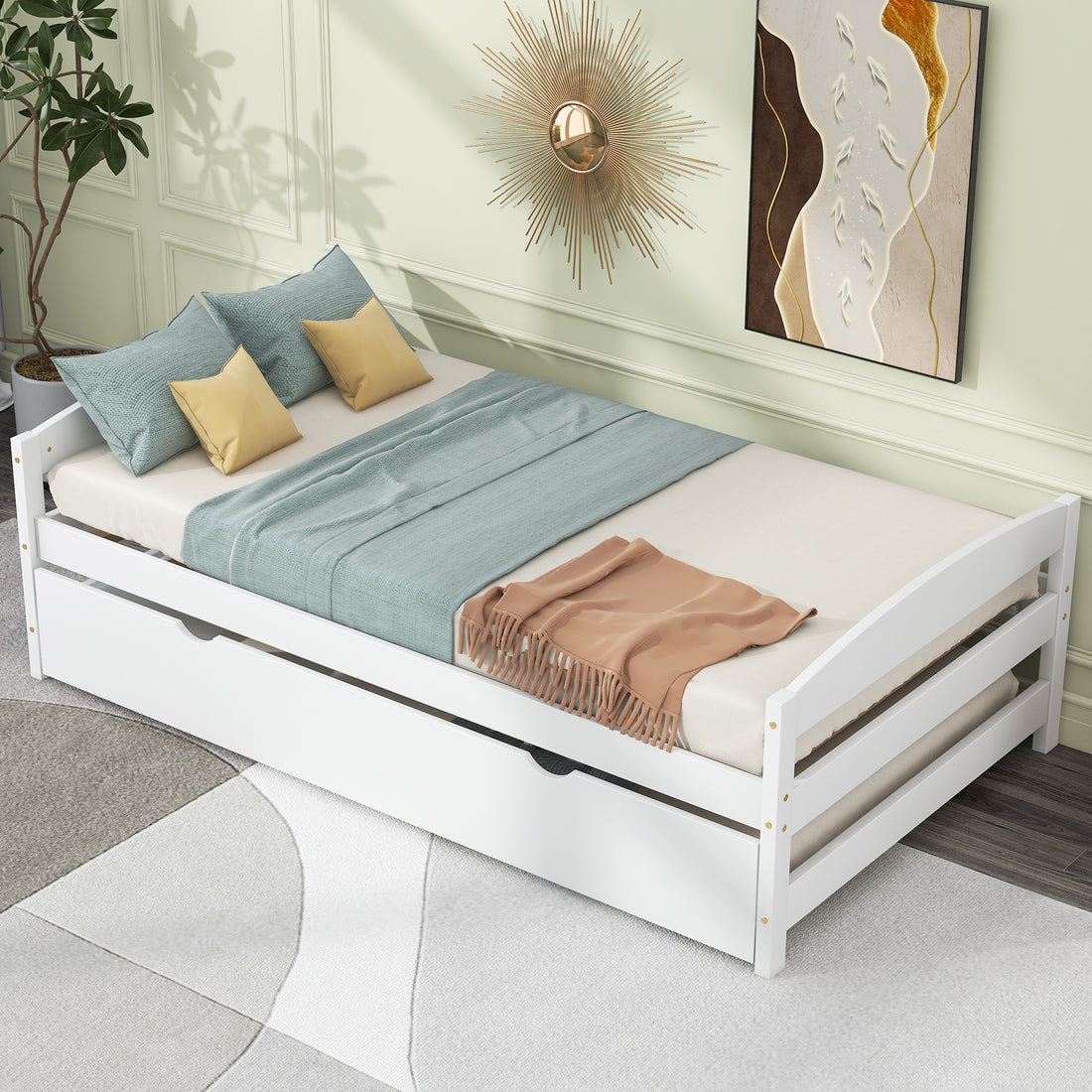 Twin Size Platform Bed With Twin Size Trundle, White Box Spring Not Required Twin White Wood Bedroom Pine