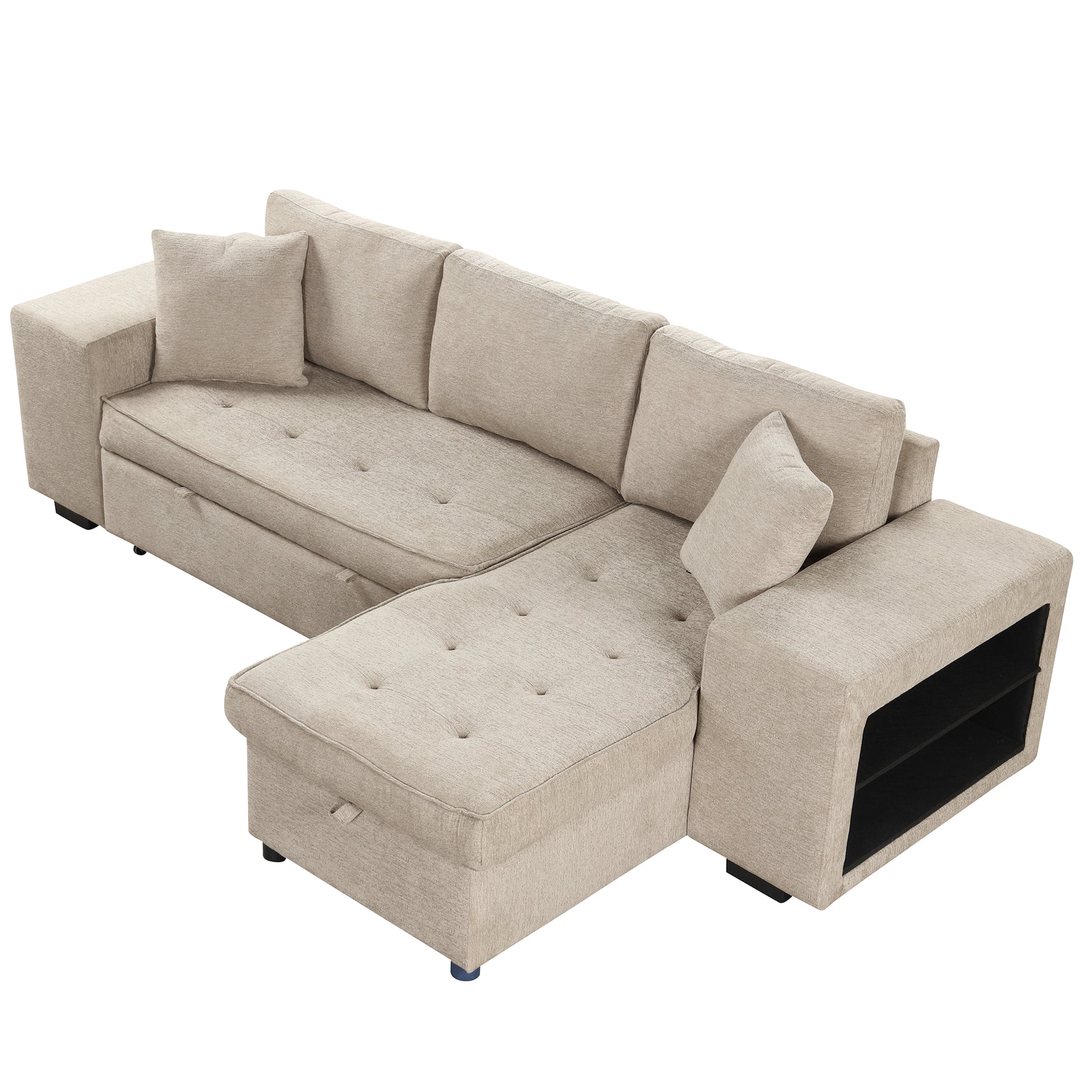 104.5" Modern L Shape 3 Seat Reversible Sectional Couch, Pull Out Sleeper Sofa With Storage Chaise And 2 Stools For Living Room Furniture Set, Cream Cream Foam Chenille 3 Seat