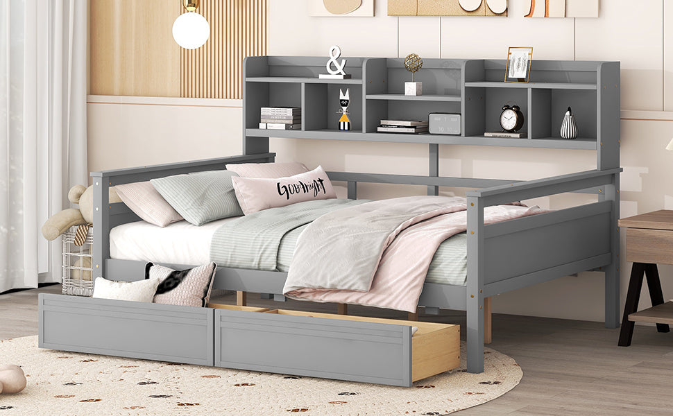 Full Size Daybed, Wood Slat Support, With Bedside Shelf And Two Drawers, Gray Gray Solid Wood Mdf