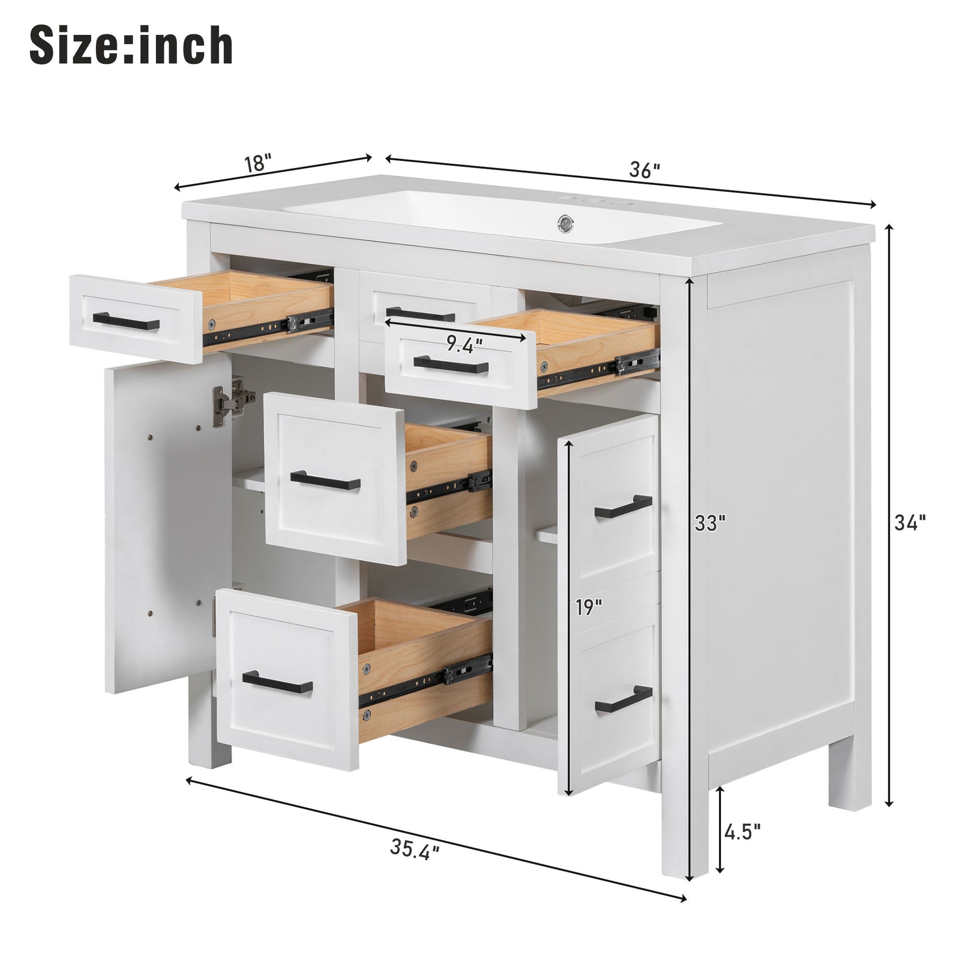 36" Bathroom Vanity Cabinet With Resin Integrated Sink 4 Drawers, 2 Doors White Solid Wood Mdf Resin