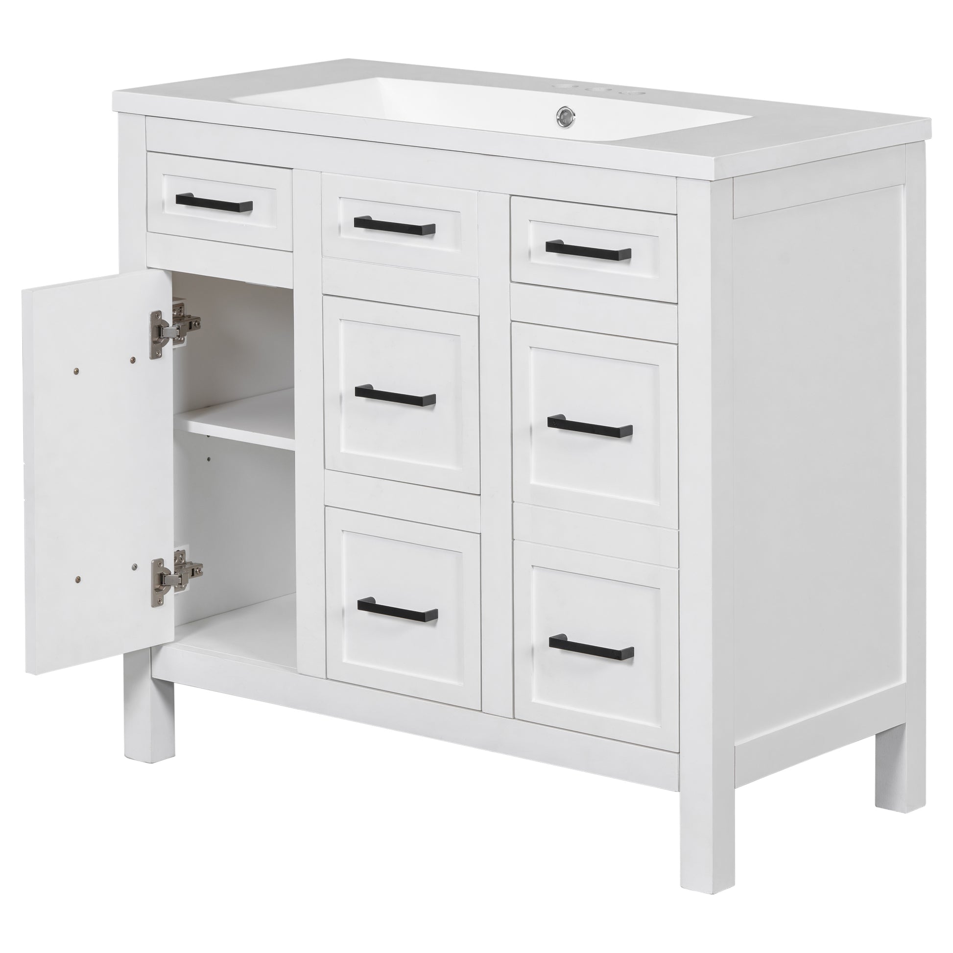 36" Bathroom Vanity Cabinet With Resin Integrated Sink 4 Drawers, 2 Doors White Solid Wood Mdf Resin