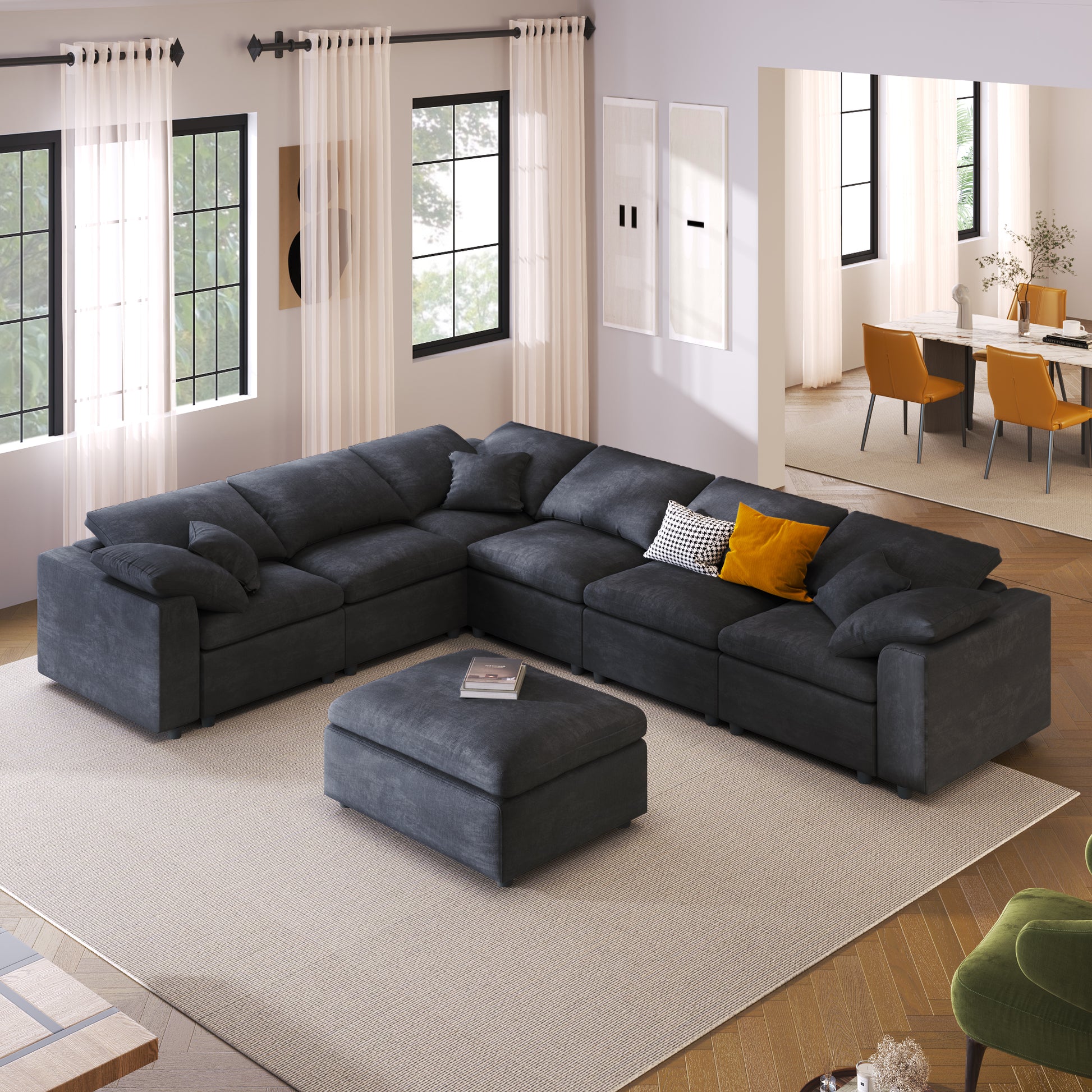 Oversized Modular Sectional Sofa With Ottoman L Shaped Corner Sectional For Living Room, Office, Spacious Space Gray Polyester 7 Seat