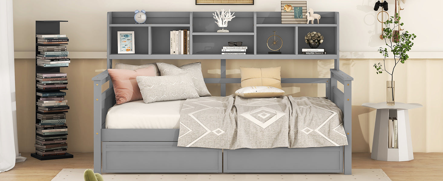 Twin Size Daybed, Wood Slat Support, With Bedside Shelves And Two Drawers, Gray Gray Solid Wood Mdf