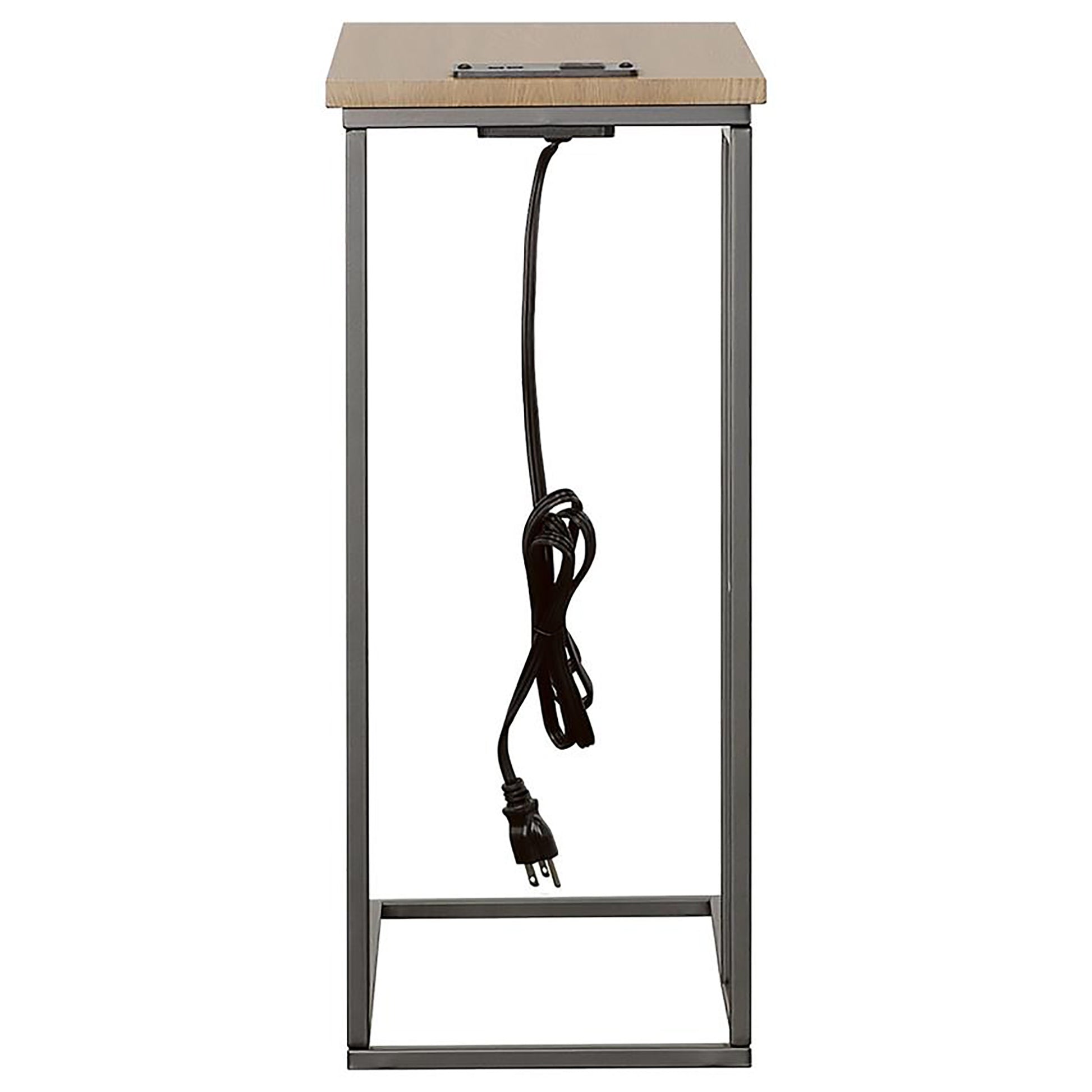Gunmetal And Natural C Shape Snack Table With Power Outlet Brown Light Brown Built In Outlets Or Usb Primary Living Space Industrial Rectangular Rectangular Wood Sled