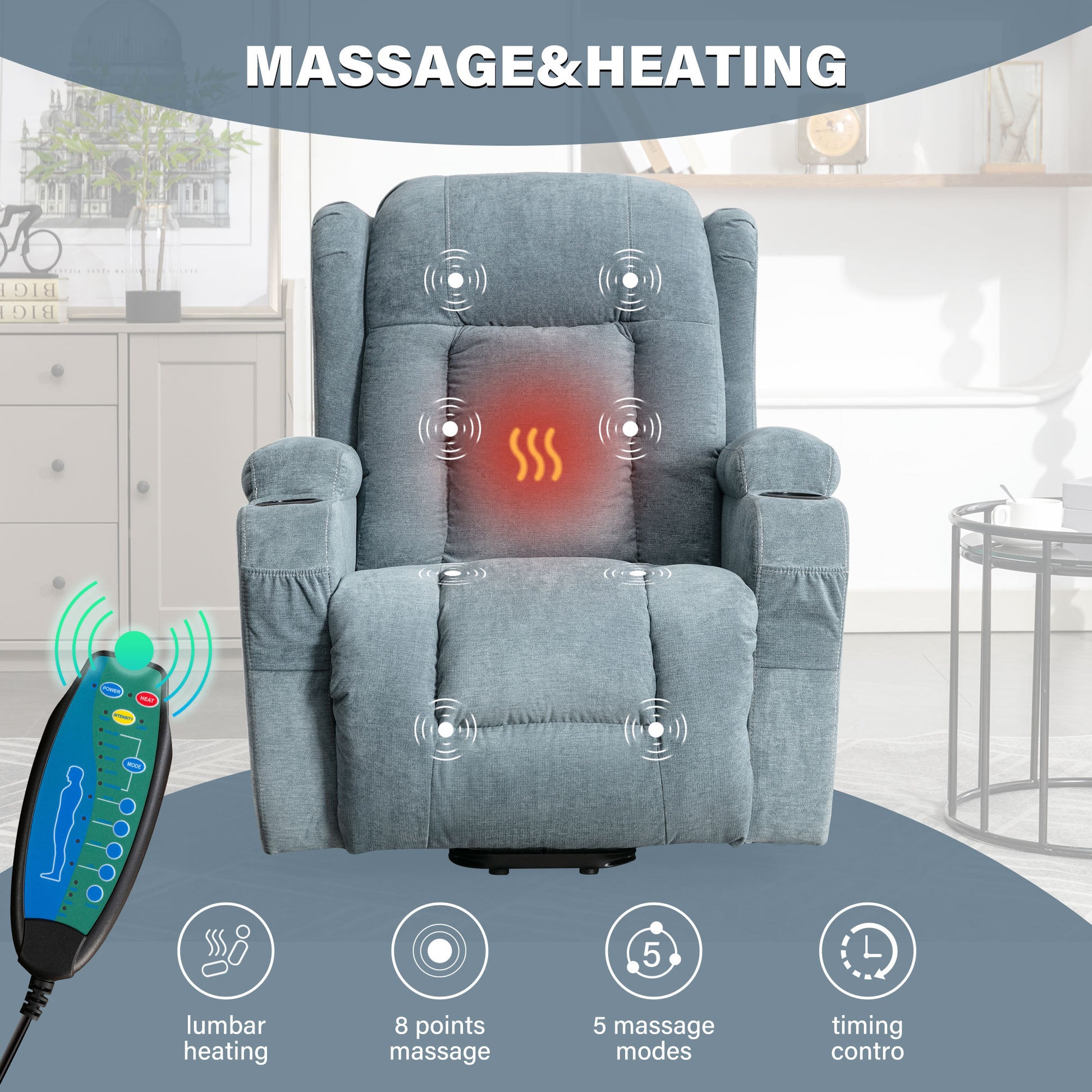 Power Lift Recliner Chair Recliners For Elderly With Heat And Massage Recliner Chair For Living Room With Infinite Position And Side Pocket,Usb Charge Port Blue Blue Power Push Button Soft Heavy Duty Cotton Wood Metal