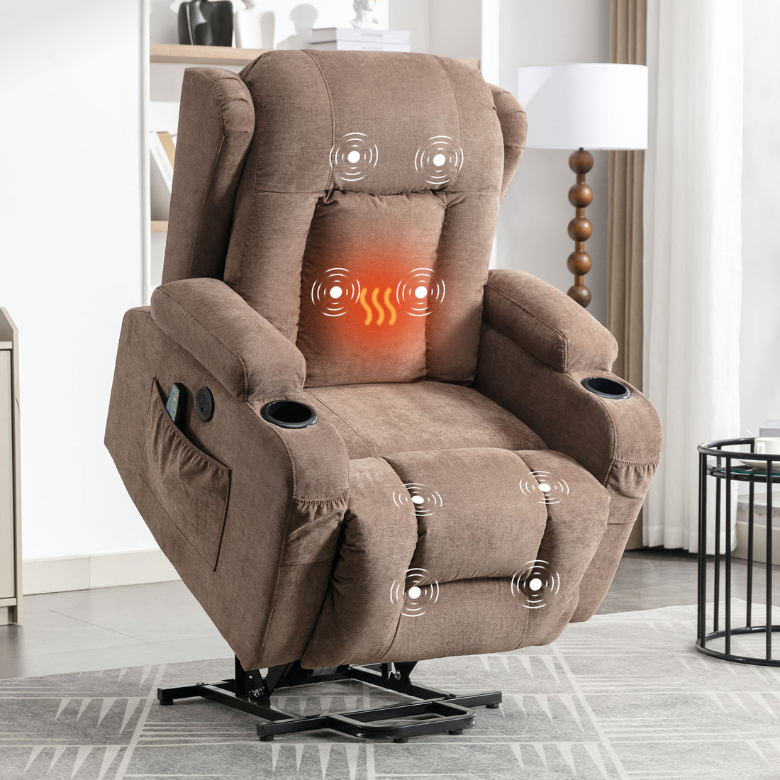 Power Lift Recliner Chair Recliners For Elderly With Heat And Massage Recliner Chair For Living Room With Infinite Position And Side Pocket,Usb Charge Port Brown Brown Power Push Button Soft Heavy Duty Cotton Wood Metal