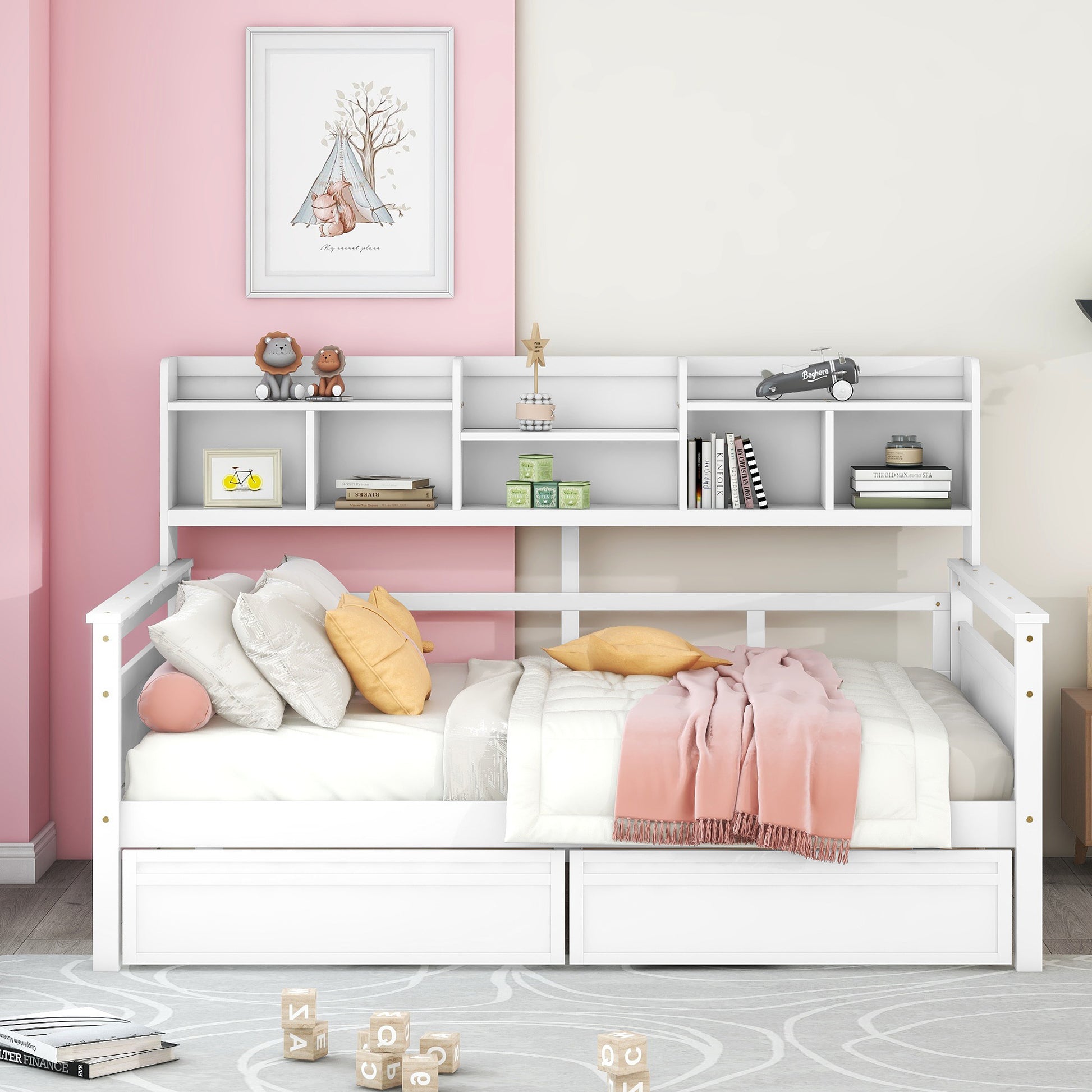 Full Size Daybed, Wood Slat Support, With Bedside Shelf And Two Drawers, White White Solid Wood Mdf