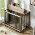 Furniture Style Dog Crate Side Table With Rotatable Feeding Bowl, Wheels, Three Doors, Flip Up Top Opening. Indoor, Grey, 43.7