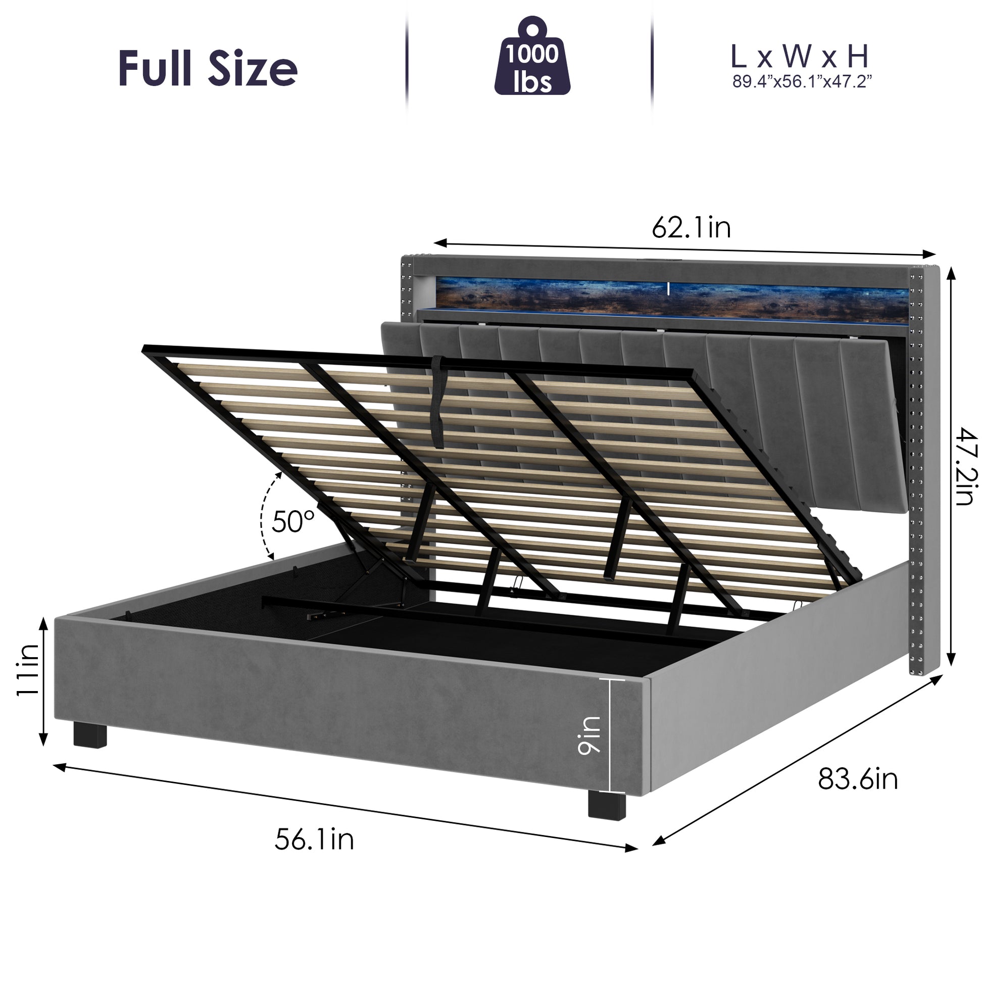Luxury Gas Lift Storage Bed With Rf Led Lights, Storage Headboard ,Full Size ,Velvet Grey Box Spring Not Required Full Dark Grey Wood Brown Bedroom American Design Poplar Slat Beds Polyester Velvet Metal & Wood