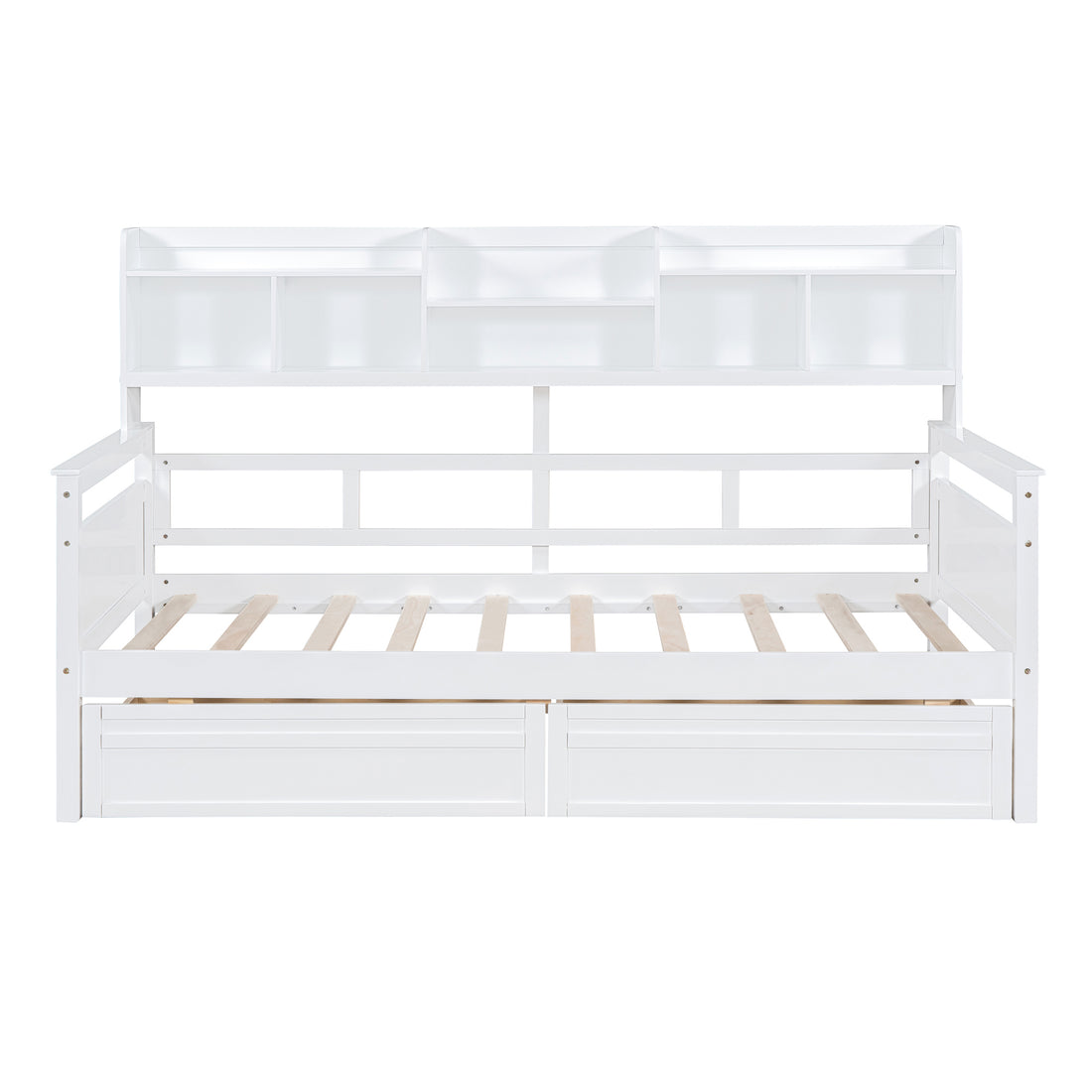 Twin Size Daybed, Wood Slat Support, With Bedside Shelves And Two Drawers, White White Solid Wood Mdf