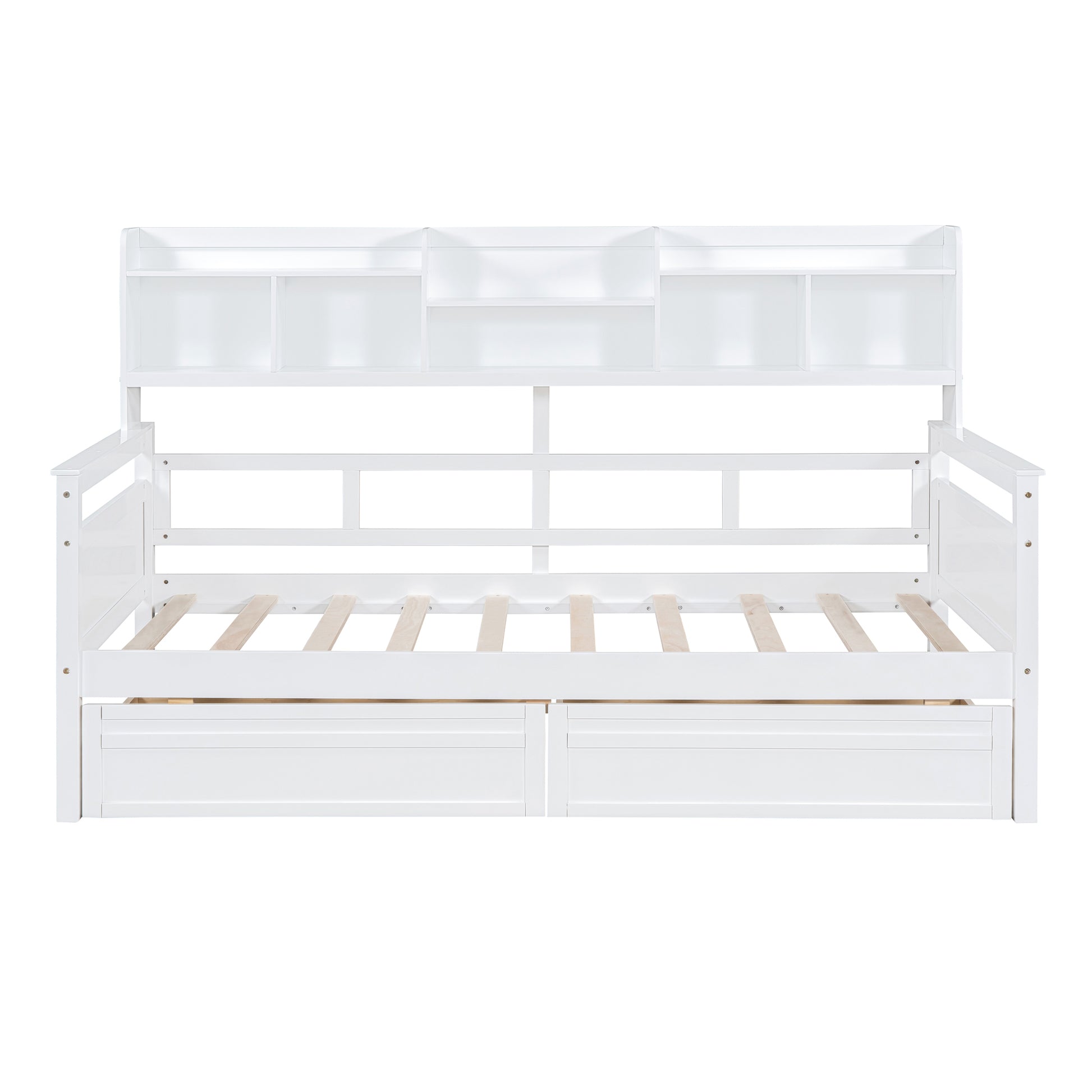 Twin Size Daybed, Wood Slat Support, With Bedside Shelves And Two Drawers, White White Solid Wood Mdf