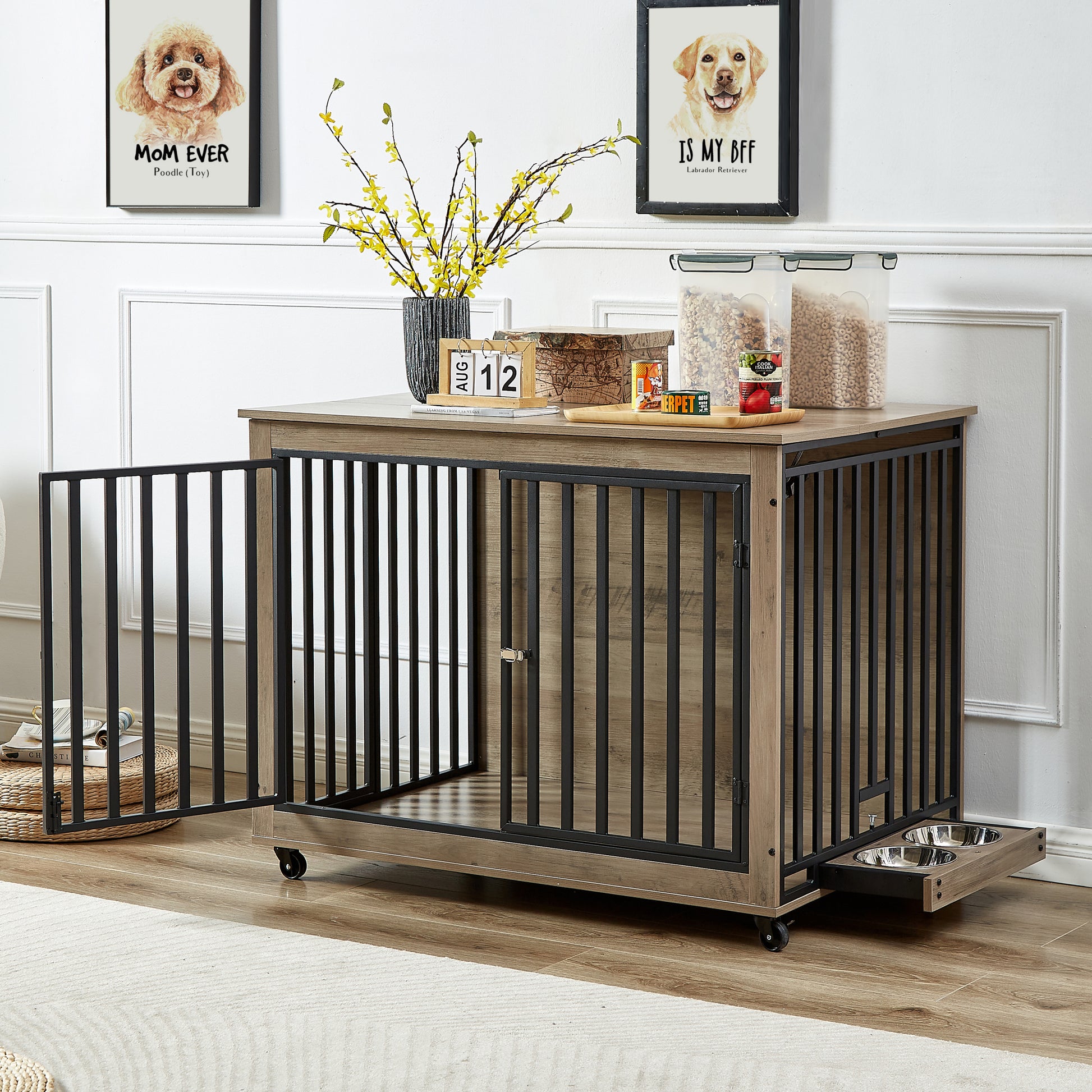 Furniture Style Dog Crate Side Table With Feeding Bowl, Wheels, Three Doors, Flip Up Top Opening. Indoor, Grey, 43.7"W X 30"D X 33.7"H Grey Particle Board