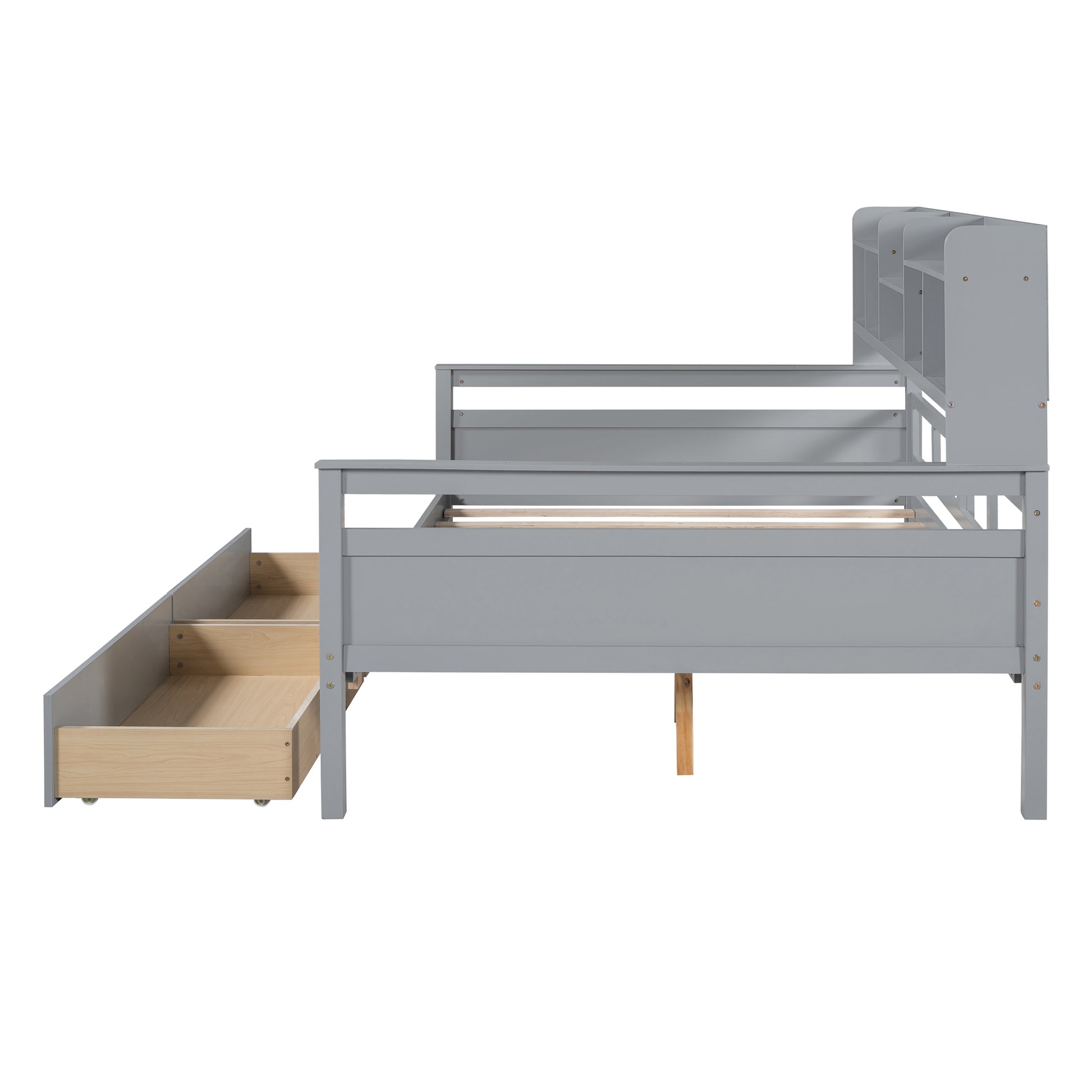 Full Size Daybed, Wood Slat Support, With Bedside Shelf And Two Drawers, Gray Gray Solid Wood Mdf