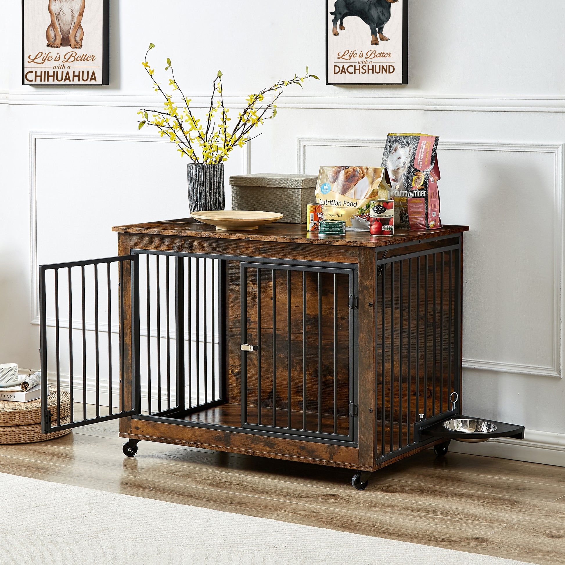 Furniture Style Dog Crate Side Table With Rotatable Feeding Bowl, Wheels, Three Doors, Flip Up Top Opening. Indoor, Rustic Brown, 38.58"W X 25.2"D X 27.17"H Rustic Brown Particle Board