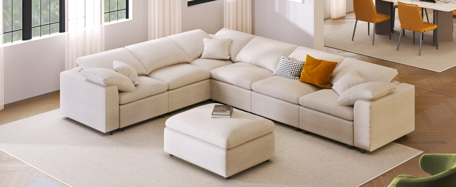 Oversized Modular Sectional Sofa With Ottoman L Shaped Corner Sectional For Living Room, Office, Spacious Space Beige Polyester 7 Seat