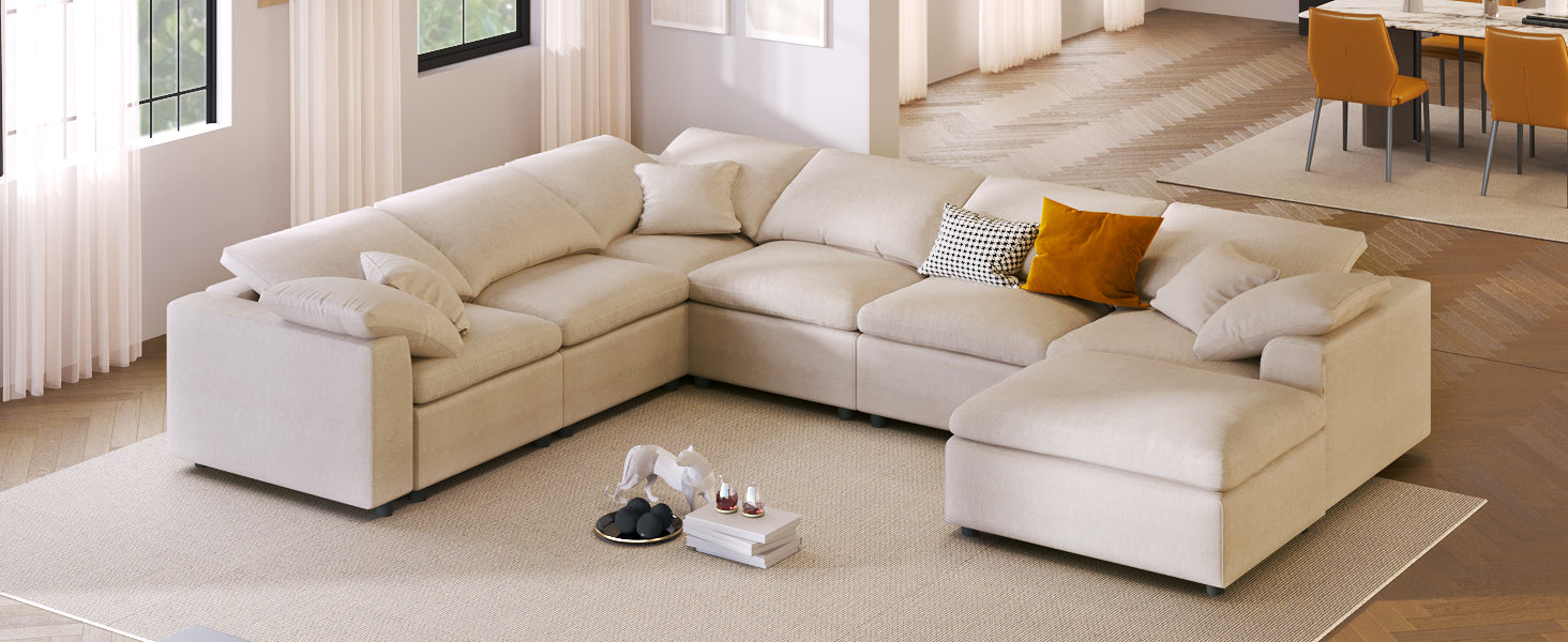Oversized Modular Sectional Sofa With Ottoman L Shaped Corner Sectional For Living Room, Office, Spacious Space Beige Polyester 7 Seat