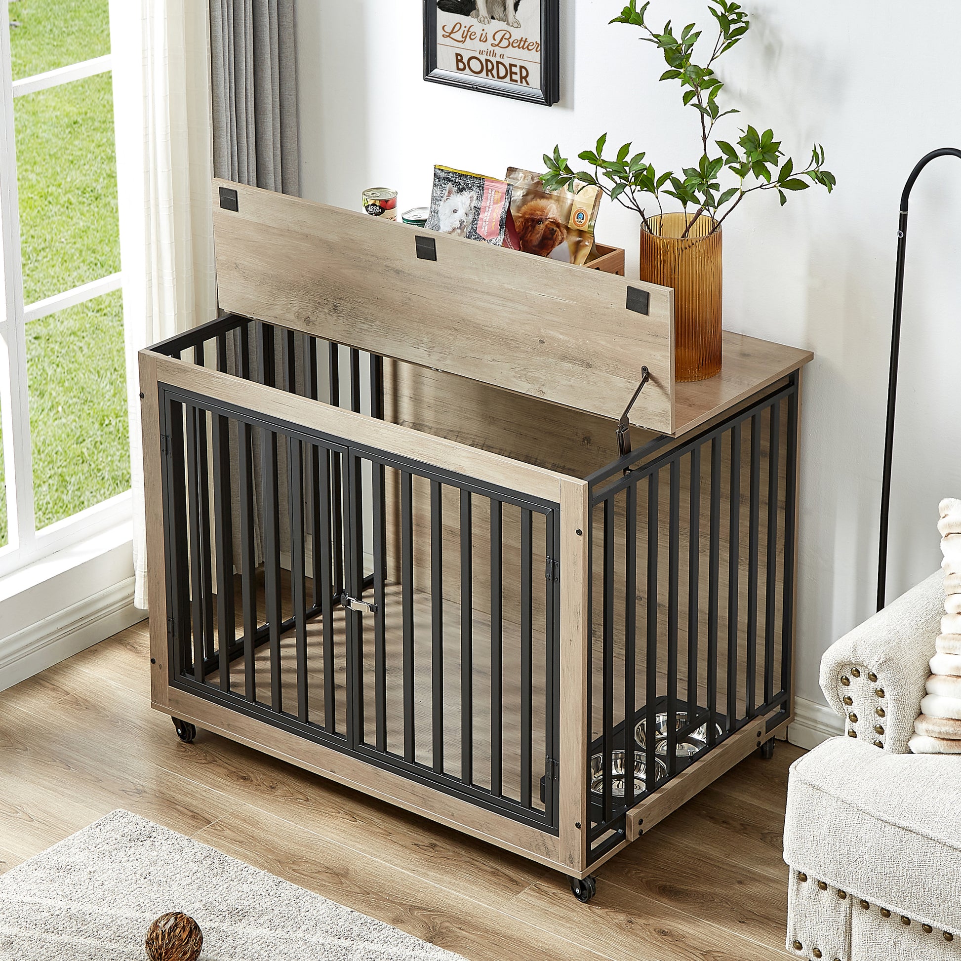 Furniture Style Dog Crate Side Table With Feeding Bowl, Wheels, Three Doors, Flip Up Top Opening. Indoor, Grey, 43.7"W X 30"D X 33.7"H Grey Particle Board