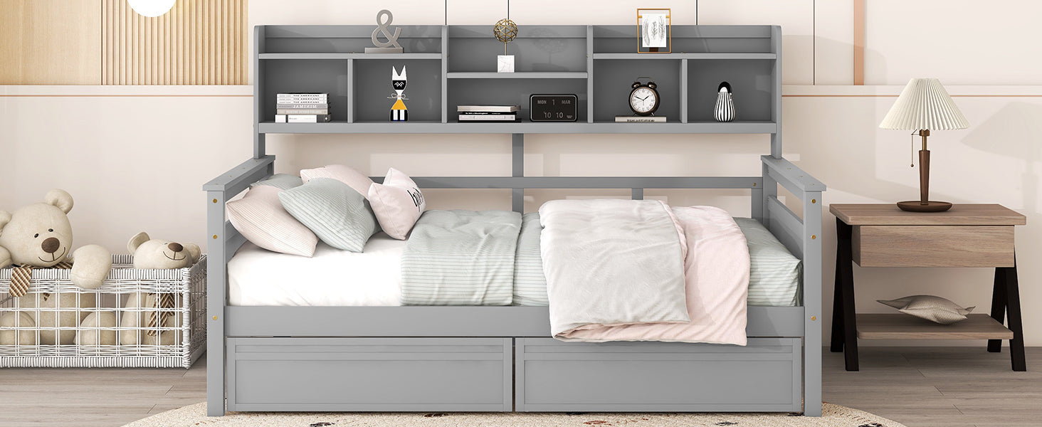 Full Size Daybed, Wood Slat Support, With Bedside Shelf And Two Drawers, Gray Gray Solid Wood Mdf