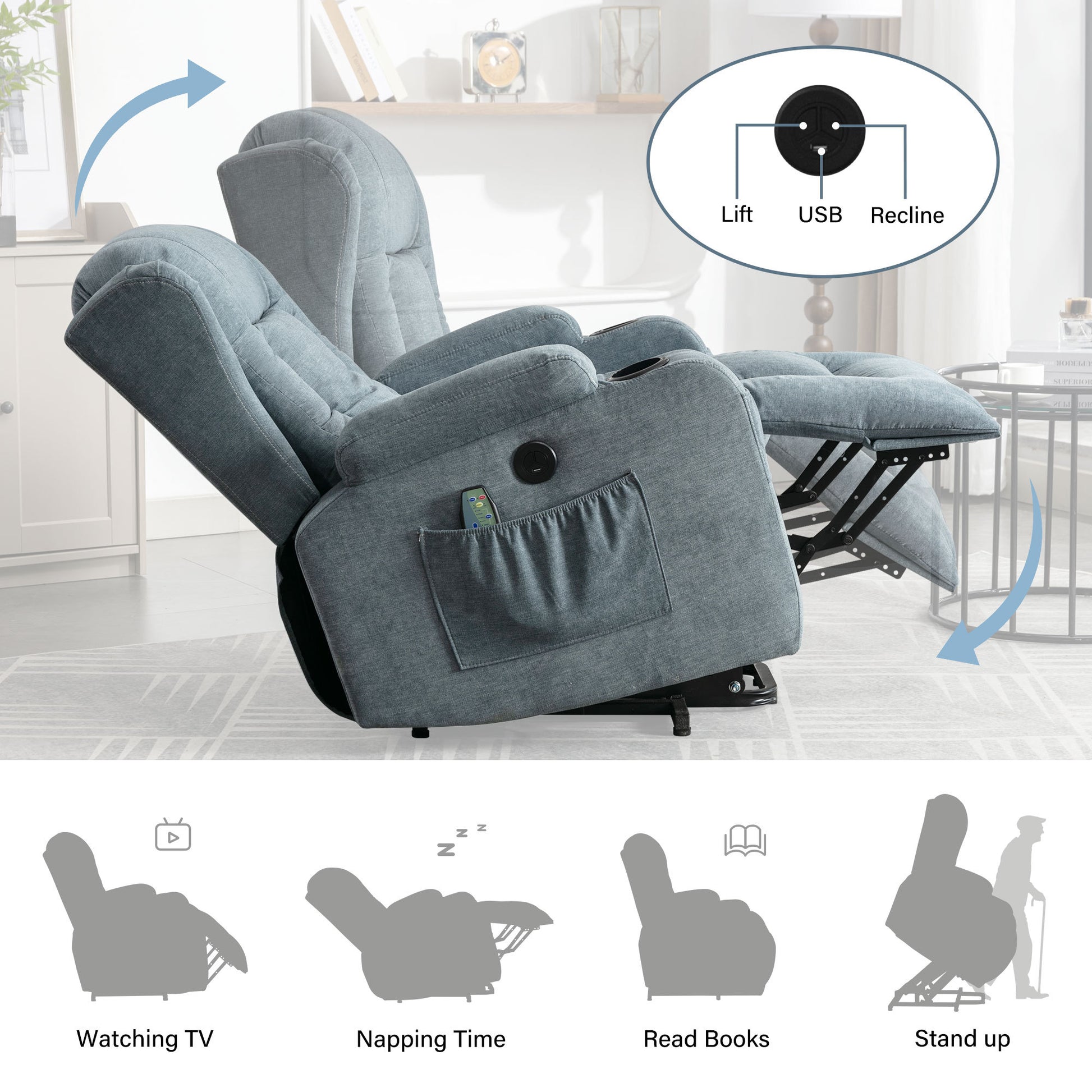 Power Lift Recliner Chair Recliners For Elderly With Heat And Massage Recliner Chair For Living Room With Infinite Position And Side Pocket,Usb Charge Port Blue Blue Power Push Button Soft Heavy Duty Cotton Wood Metal