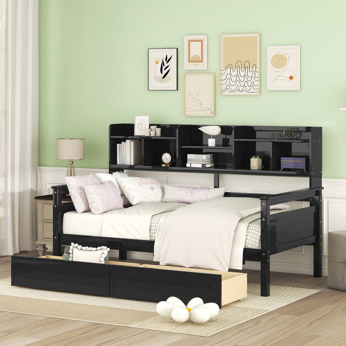 Twin Size Daybed, Wood Slat Support, With Bedside Shelves And Two Drawers, Espresso Espresso Solid Wood Mdf