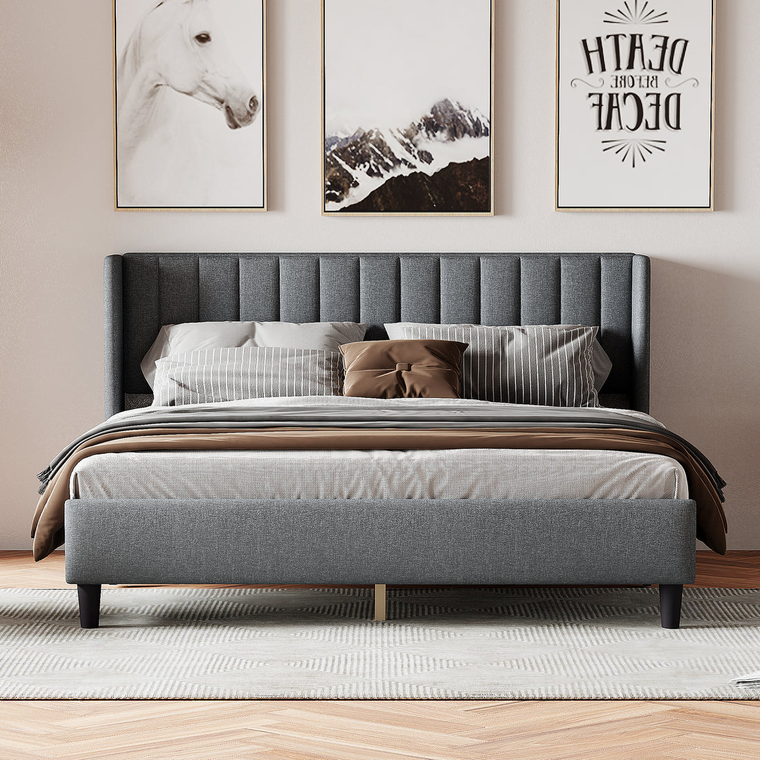 King Size Upholstered Platform Bed Frame With Headboard, Mattress Foundation, Wood Slat Support, Quiet, No Box Spring Needed, Easy To Assemble Light Grey Light Gray Wood
