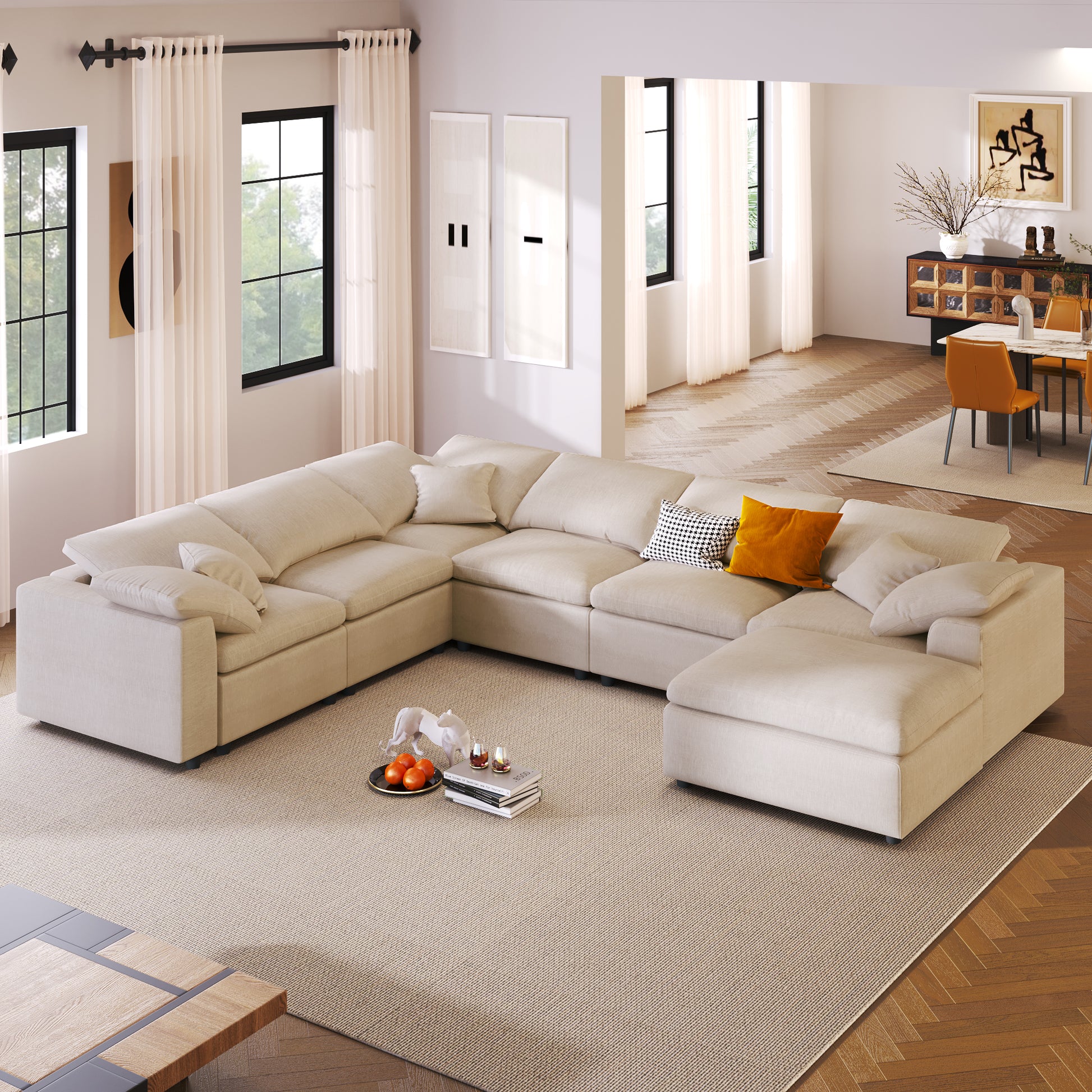 Oversized Modular Sectional Sofa With Ottoman L Shaped Corner Sectional For Living Room, Office, Spacious Space Beige Polyester 7 Seat