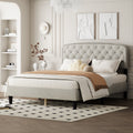 Queen Size Adjustable Headboard With Fine Linen Upholstery And Button Tufting For Bedroom, Wave Top Cream White Cream White Wood