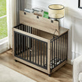 Furniture Style Dog Crate Side Table With Feeding Bowl, Wheels, Three Doors, Flip Up Top Opening. Indoor, Grey, 38.58