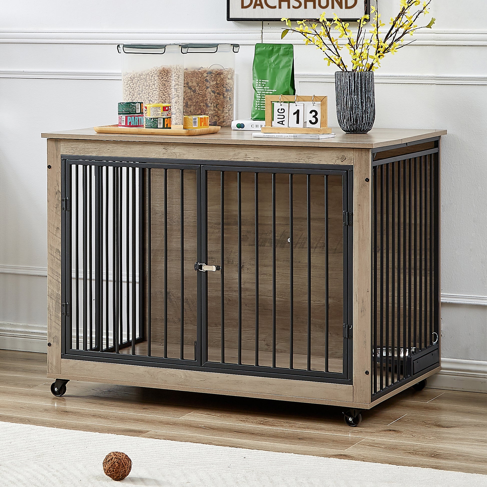 Furniture Style Dog Crate Side Table With Rotatable Feeding Bowl, Wheels, Three Doors, Flip Up Top Opening. Indoor, Grey, 43.7"W X 30"D X 33.7"H Grey Particle Board