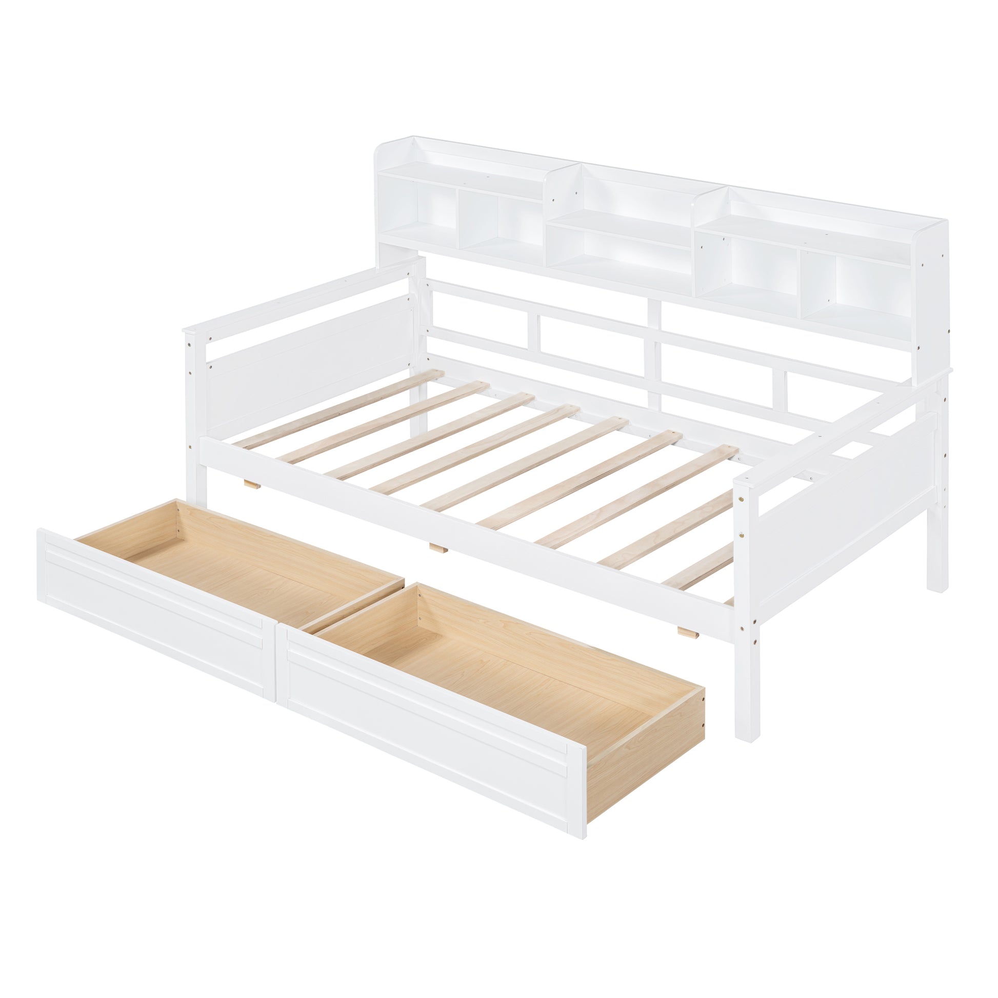 Twin Size Daybed, Wood Slat Support, With Bedside Shelves And Two Drawers, White White Solid Wood Mdf