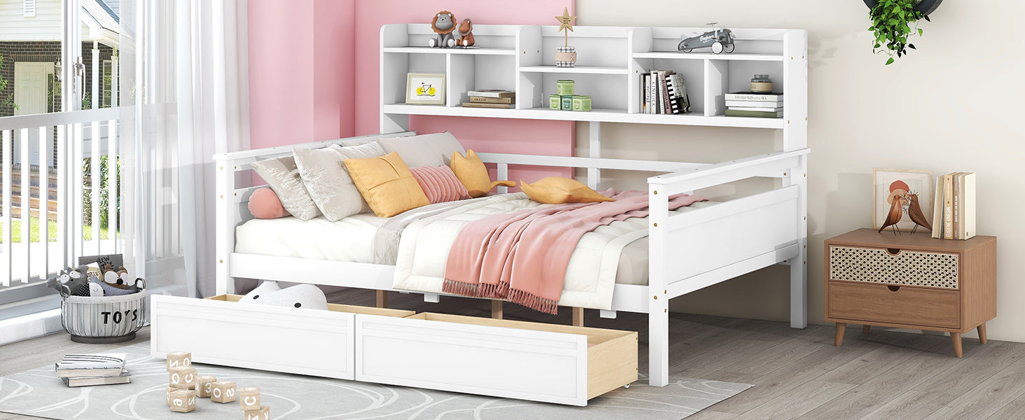 Full Size Daybed, Wood Slat Support, With Bedside Shelf And Two Drawers, White White Solid Wood Mdf