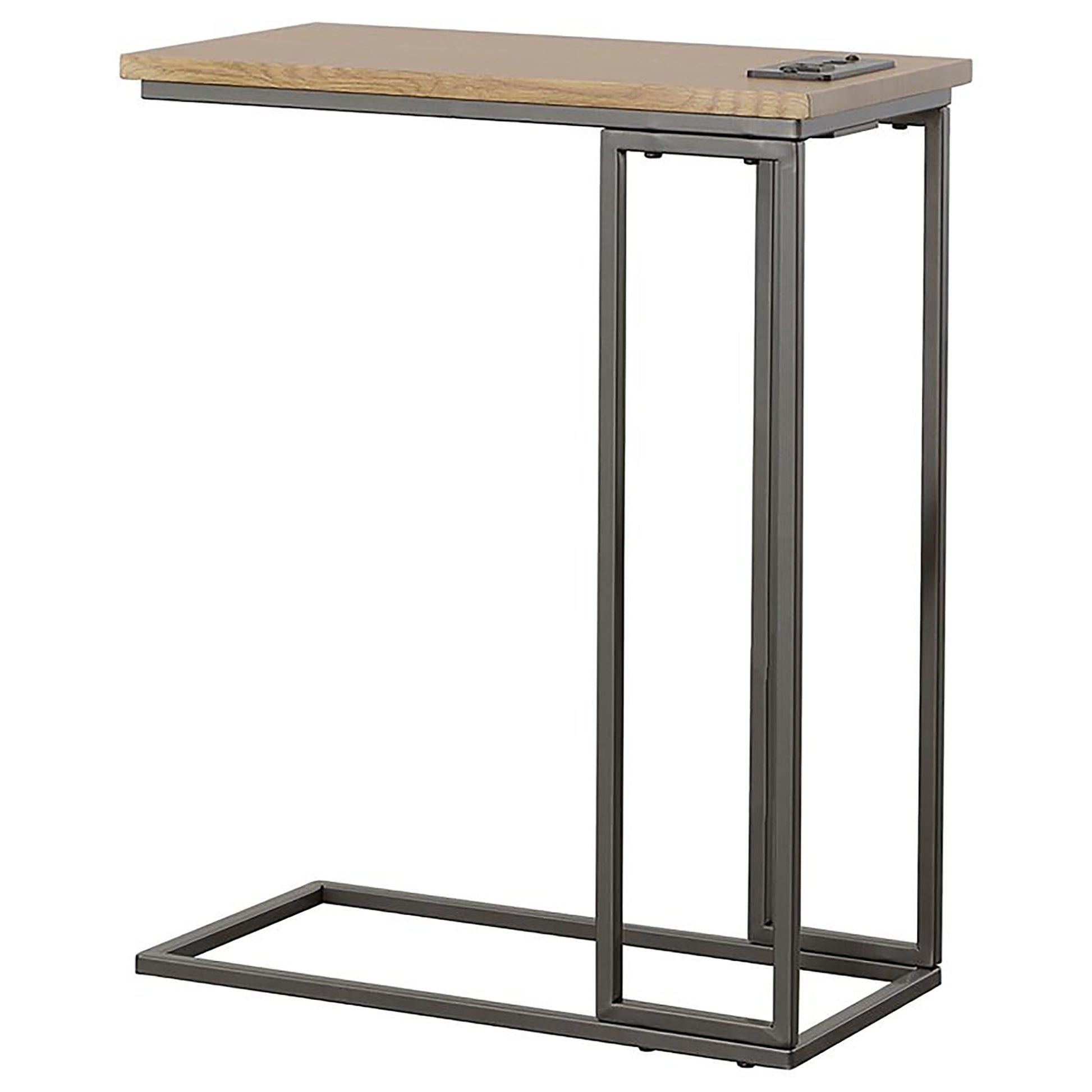 Gunmetal And Natural C Shape Snack Table With Power Outlet Brown Light Brown Built In Outlets Or Usb Primary Living Space Industrial Rectangular Rectangular Wood Sled
