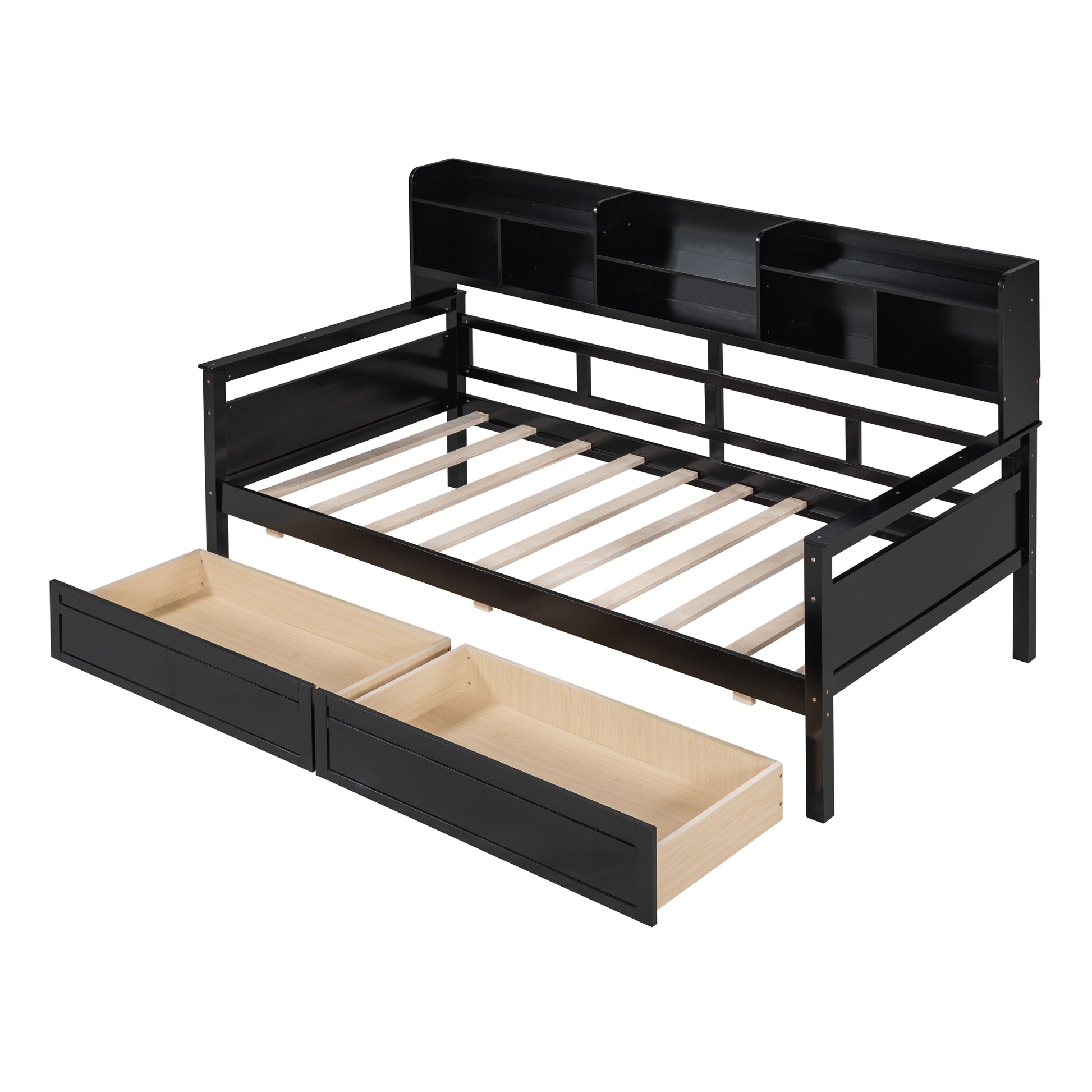 Twin Size Daybed, Wood Slat Support, With Bedside Shelves And Two Drawers, Espresso Espresso Solid Wood Mdf