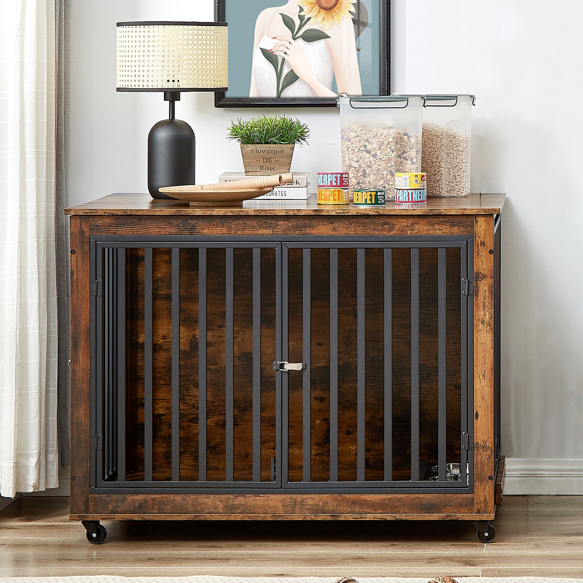 Furniture Style Dog Crate Side Table With Feeding Bowl, Wheels, Three Doors, Flip Up Top Opening. Indoor, Rustic Brown, 43.7"W X 30"D X 33.7"H Rustic Brown Particle Board