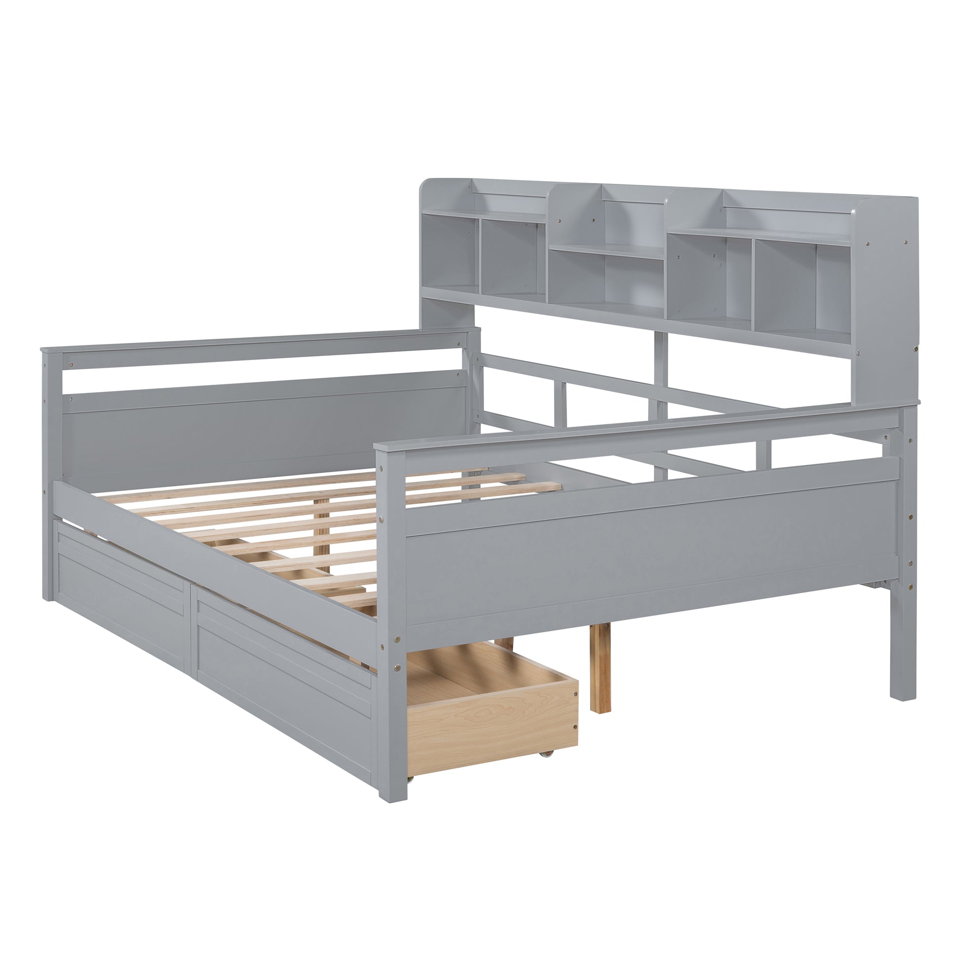 Full Size Daybed, Wood Slat Support, With Bedside Shelf And Two Drawers, Gray Gray Solid Wood Mdf