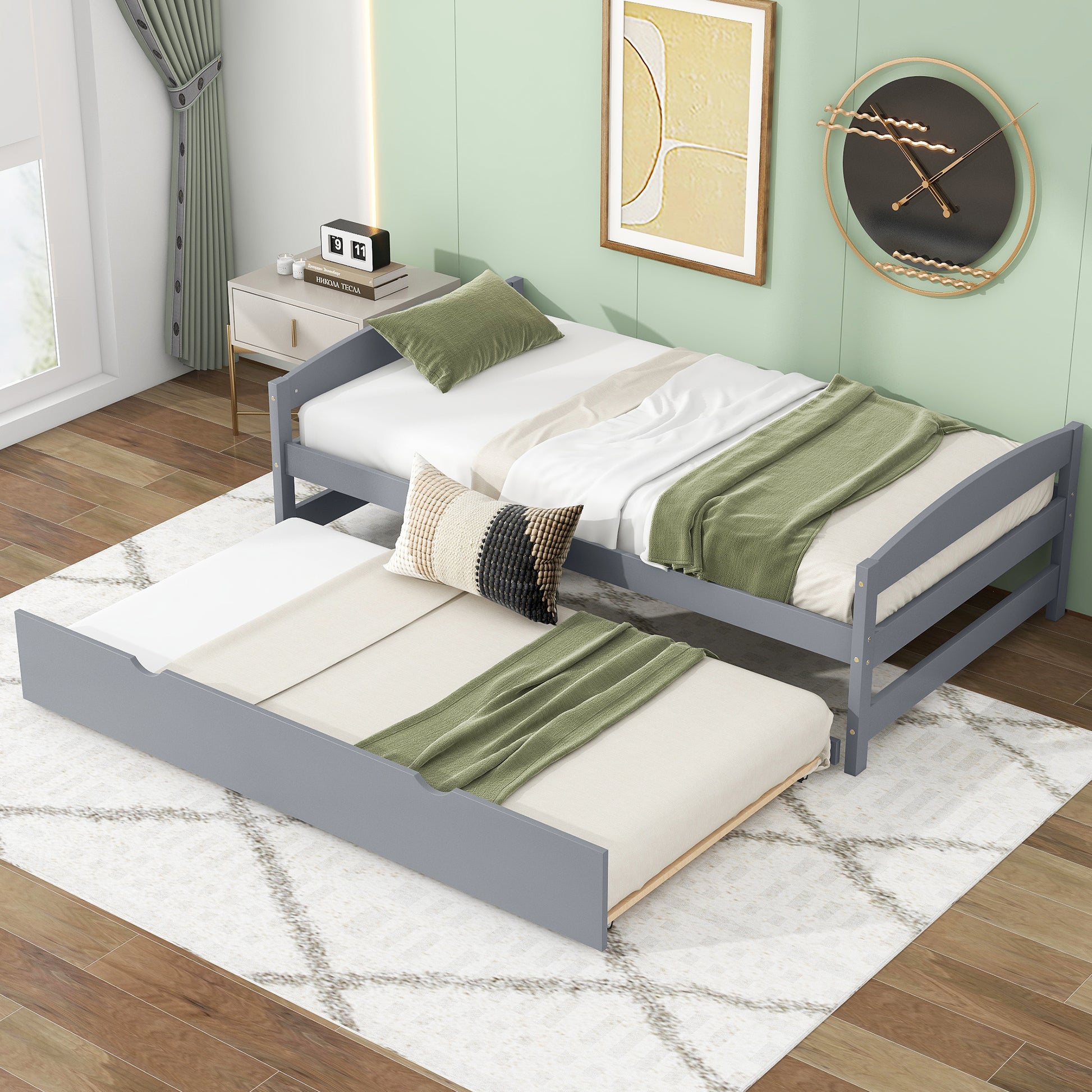 Twin Size Platform Bed With Twin Size Trundle, Gray Box Spring Not Required Twin Gray Wood Bedroom Pine