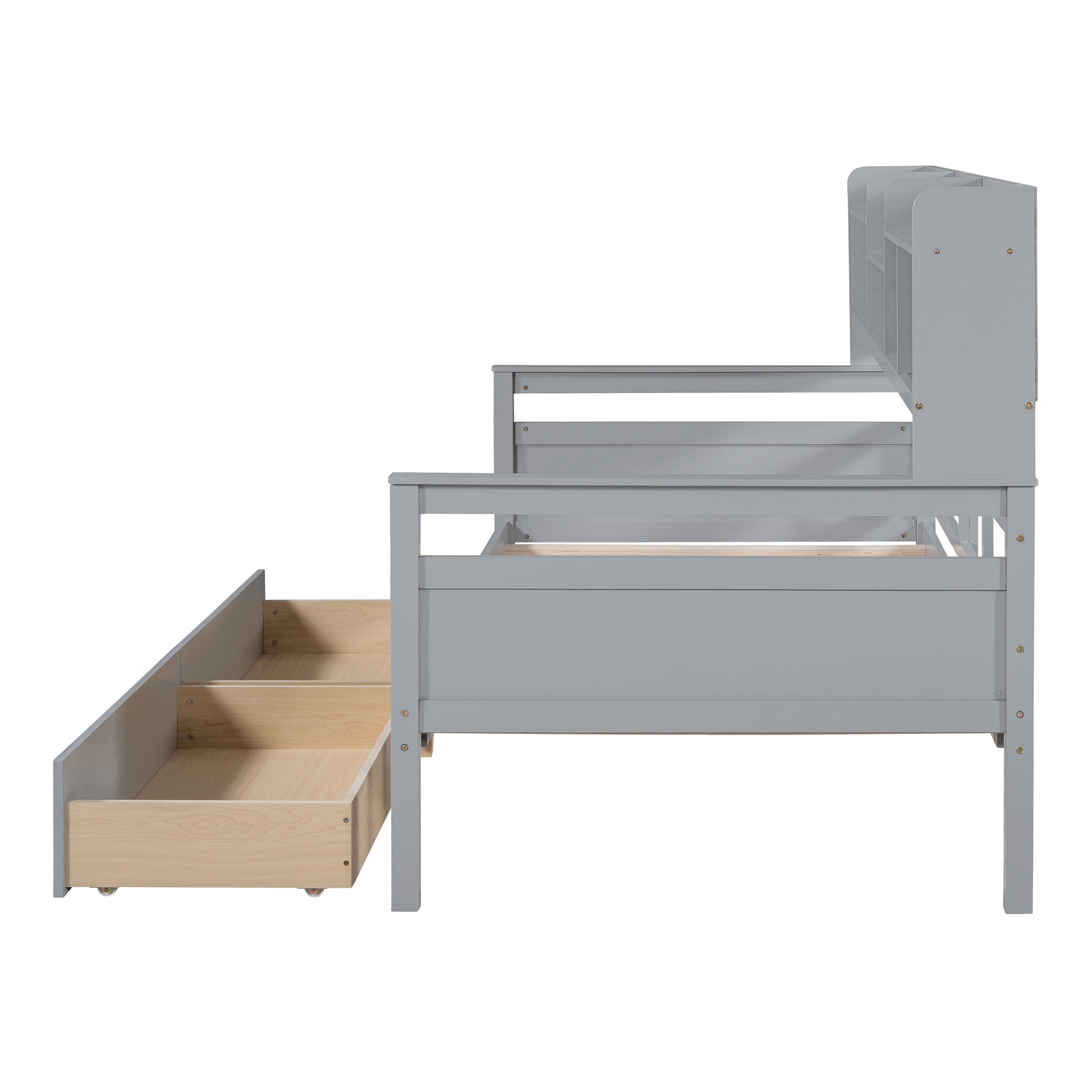 Twin Size Daybed, Wood Slat Support, With Bedside Shelves And Two Drawers, Gray Gray Solid Wood Mdf