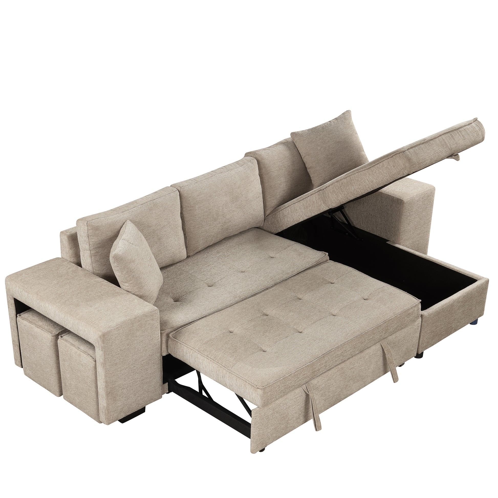 104.5" Modern L Shape 3 Seat Reversible Sectional Couch, Pull Out Sleeper Sofa With Storage Chaise And 2 Stools For Living Room Furniture Set, Cream Cream Foam Chenille 3 Seat