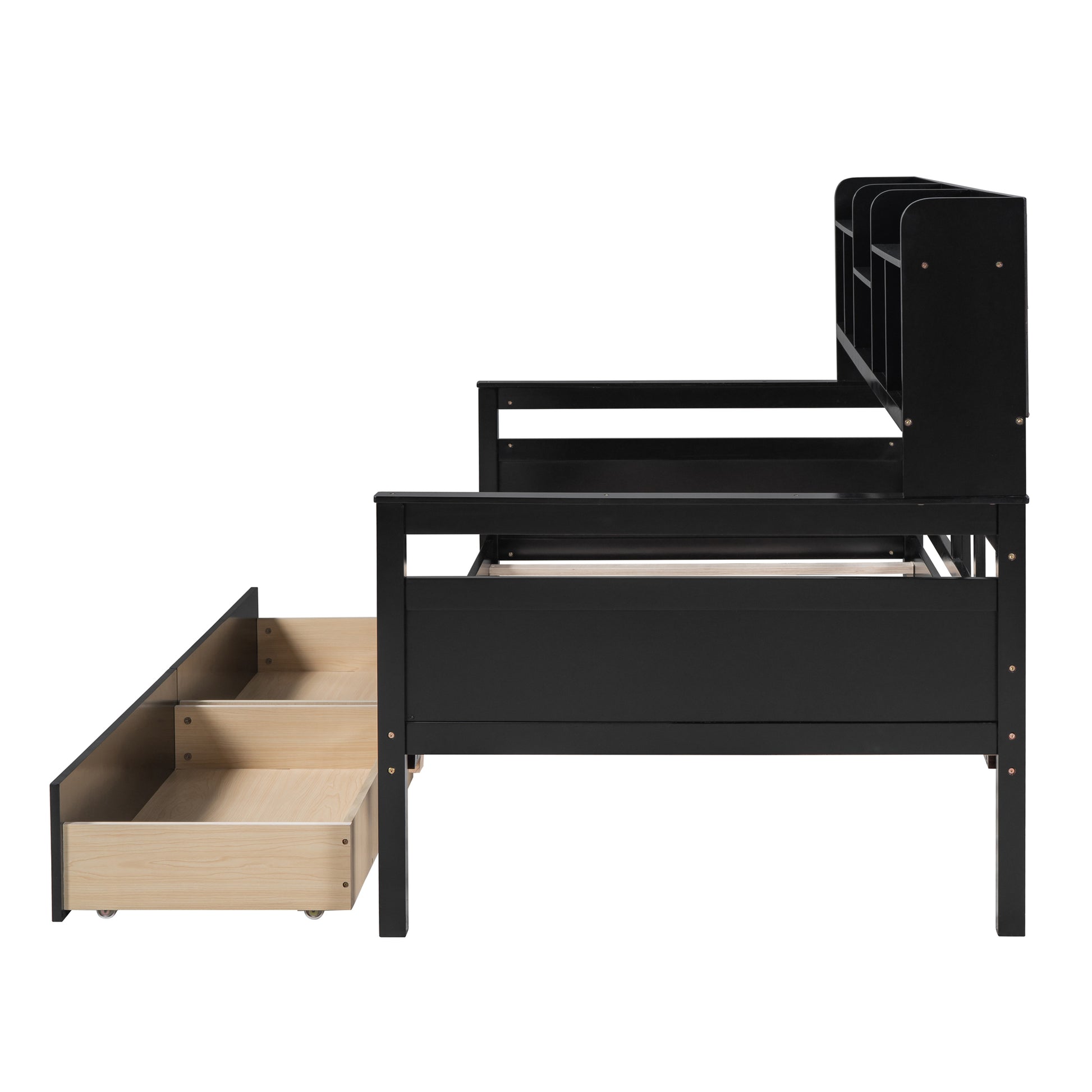 Twin Size Daybed, Wood Slat Support, With Bedside Shelves And Two Drawers, Espresso Espresso Solid Wood Mdf