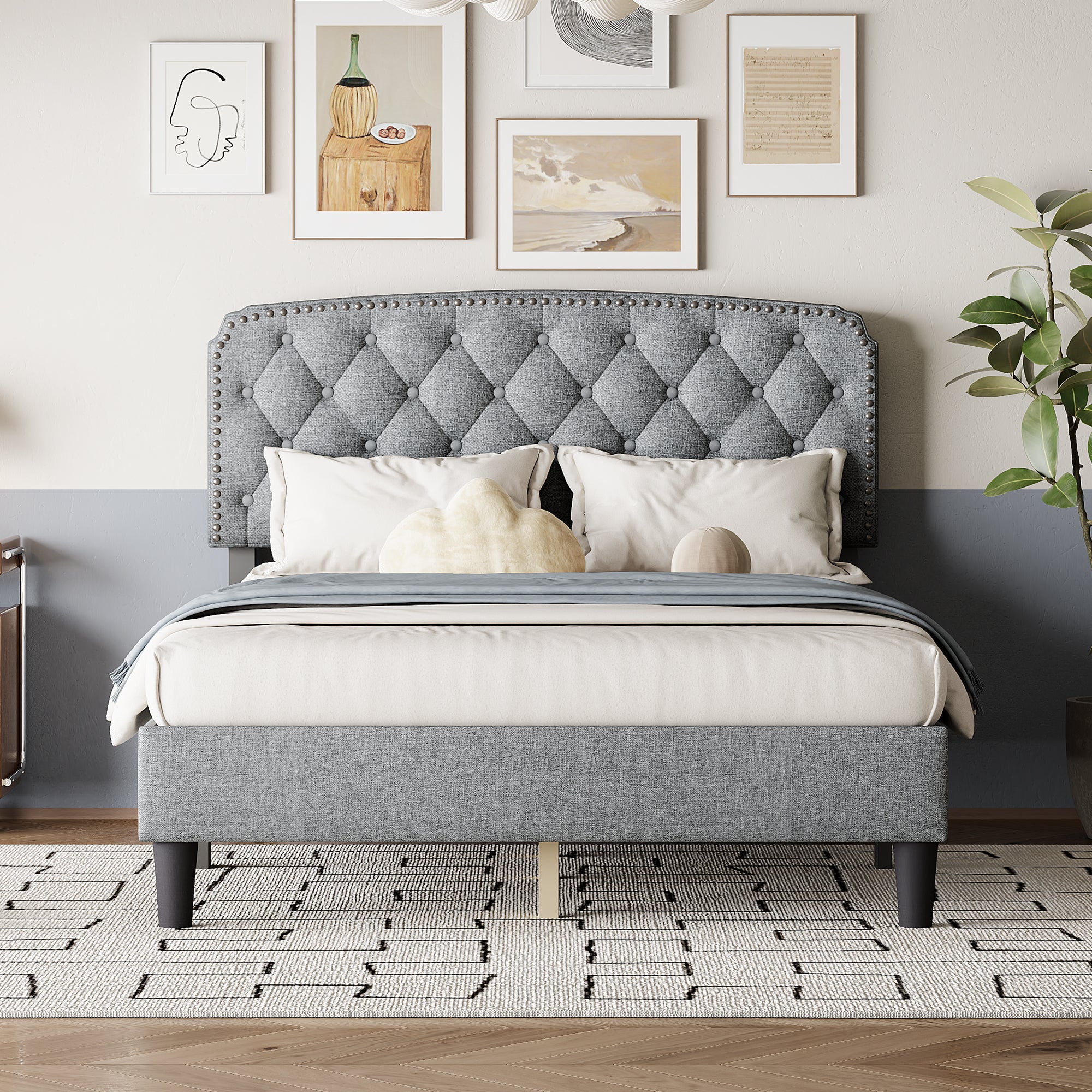 Full Size Adjustable Headboard With Fine Linen Upholstery And Button Tufting For Bedroom, Wave Top Light Gray Light Gray Wood