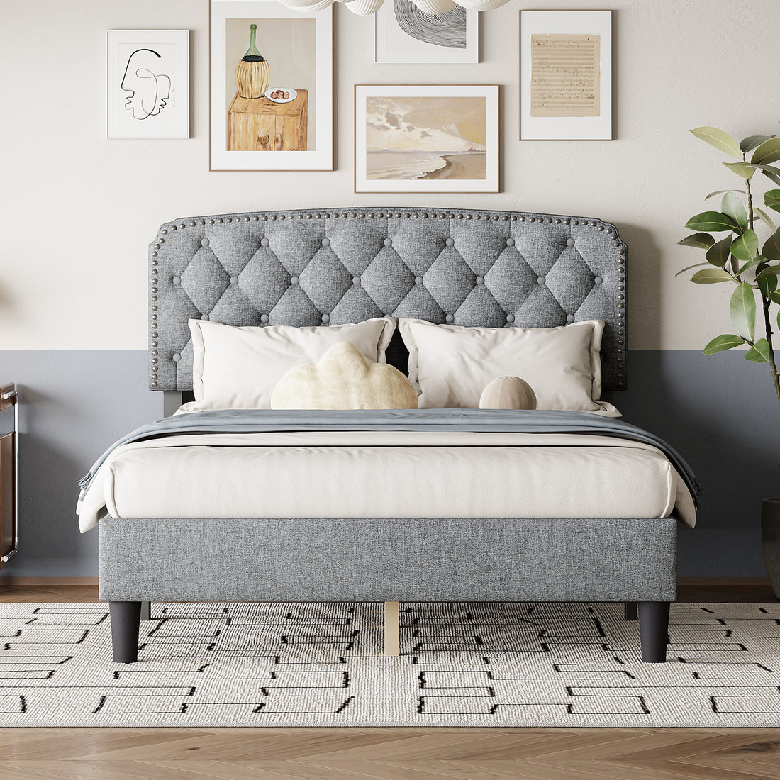 Full Size Adjustable Headboard With Fine Linen Upholstery And Button Tufting For Bedroom, Wave Top Light Gray Light Gray Wood