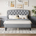 Full Size Adjustable Headboard With Fine Linen Upholstery And Button Tufting For Bedroom, Wave Top Light Gray Light Gray Wood