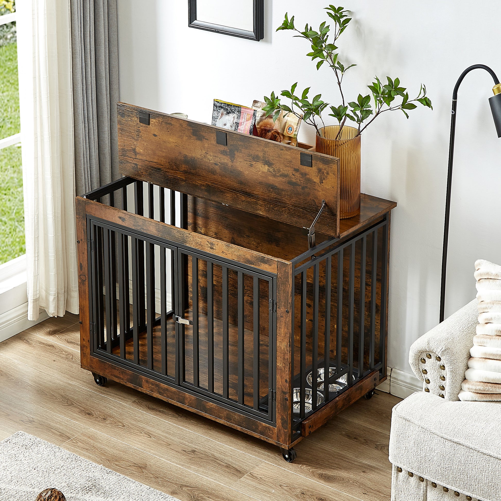 Furniture Style Dog Crate Side Table With Feeding Bowl, Wheels, Three Doors, Flip Up Top Opening. Indoor, Rustic Brown, 38.58"W X 25.2"D X 27.17"H Rustic Brown Particle Board