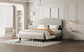 Queen Size Adjustable Headboard With Fine Linen Upholstery And Button Tufting For Bedroom, Wave Top Cream White Cream White Wood