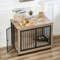 Furniture Style Dog Crate Side Table With Rotatable Feeding Bowl, Wheels, Three Doors, Flip Up Top Opening. Indoor, Grey, 38.58